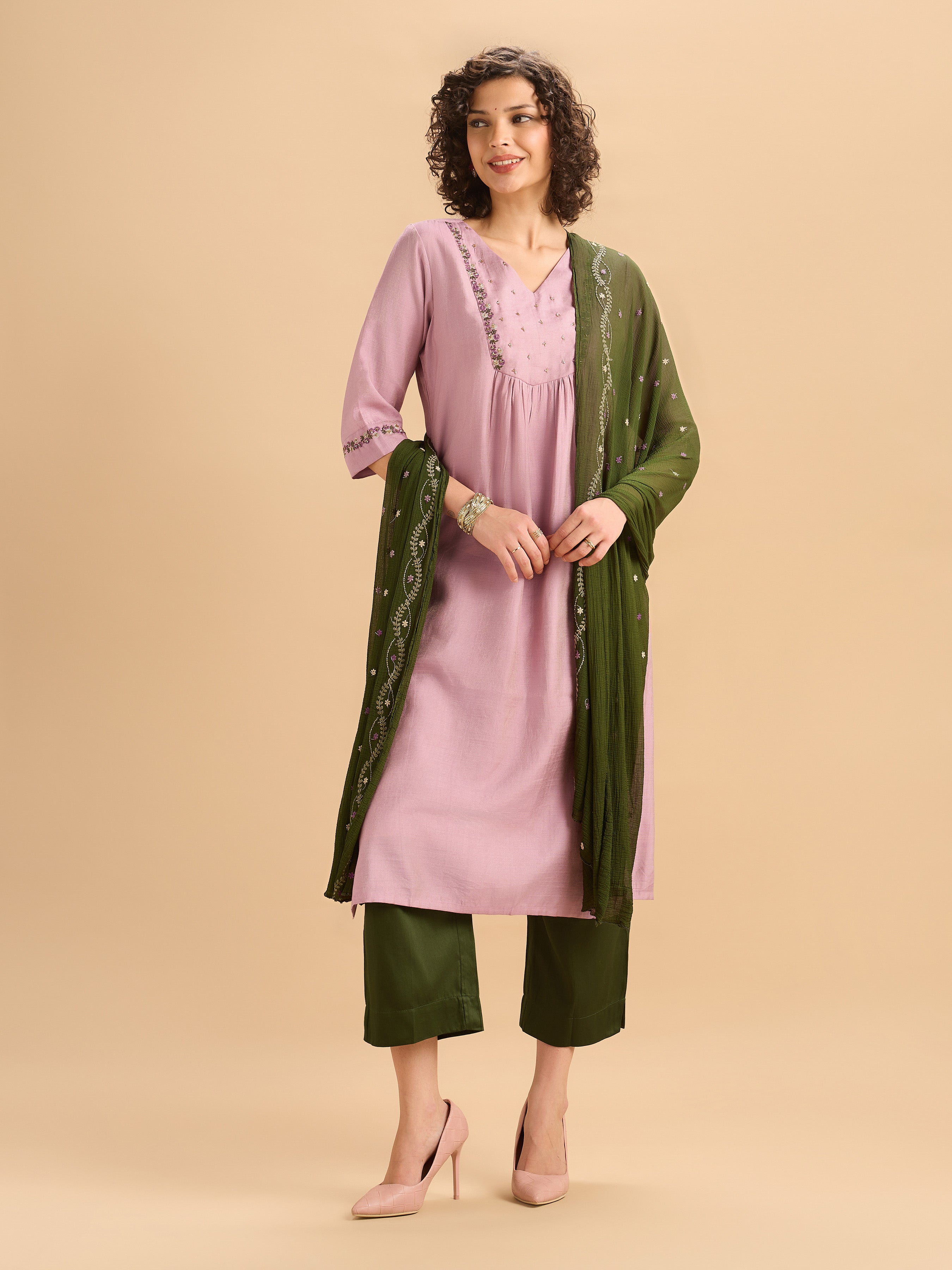 Onion Pink Viscose Blend Kurti Set With Dupatta And Hand Work Embroidery