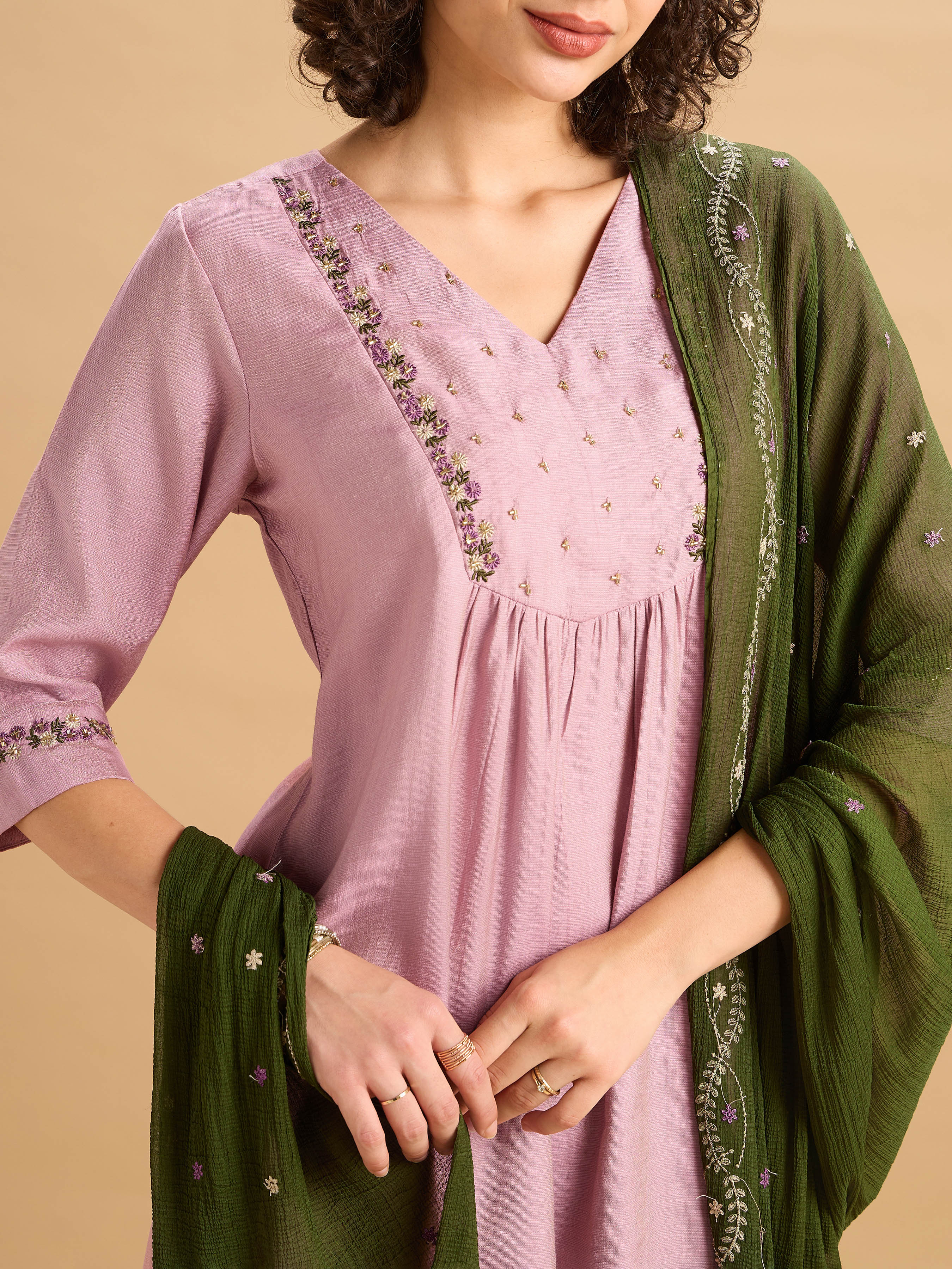 Onion Pink Viscose Blend Kurti Set With Dupatta And Hand Work Embroidery