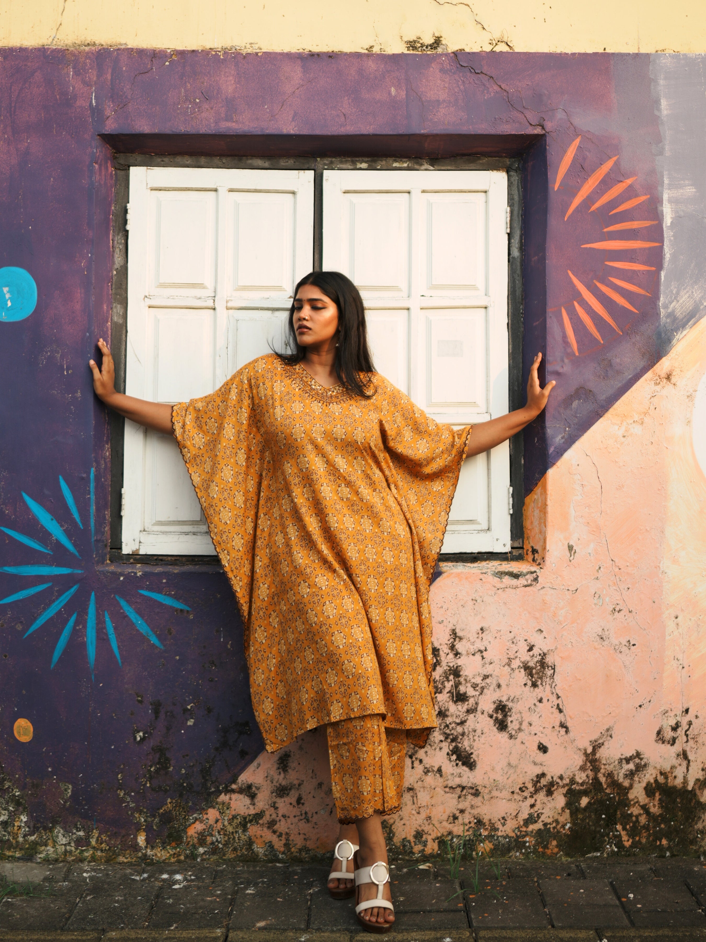 Mustard Yellow Viscose Printed Kaftan Set With Hand Work Embroidery