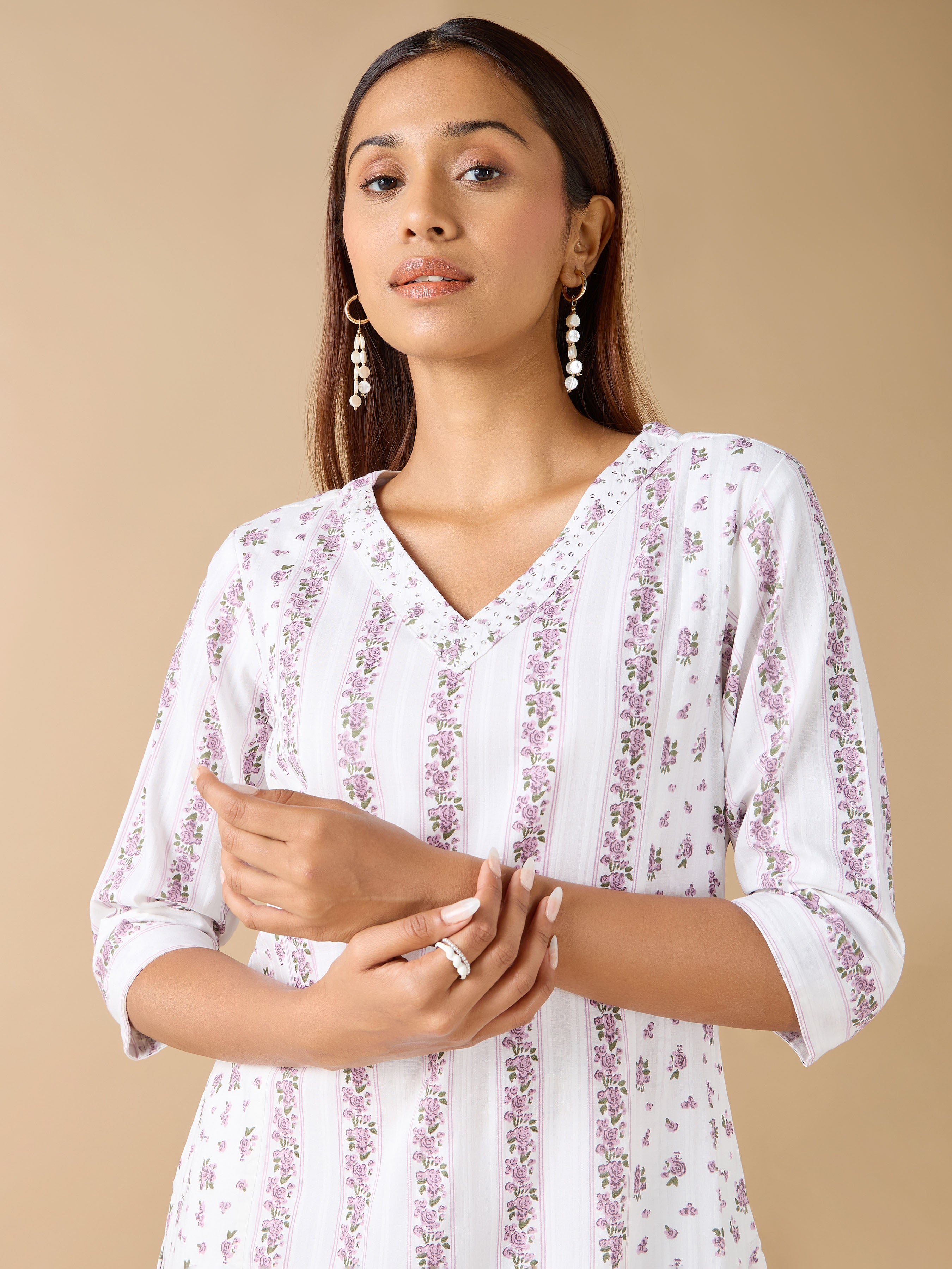 White Cotton Dobby Floral Printed Kurti With Sequins Work