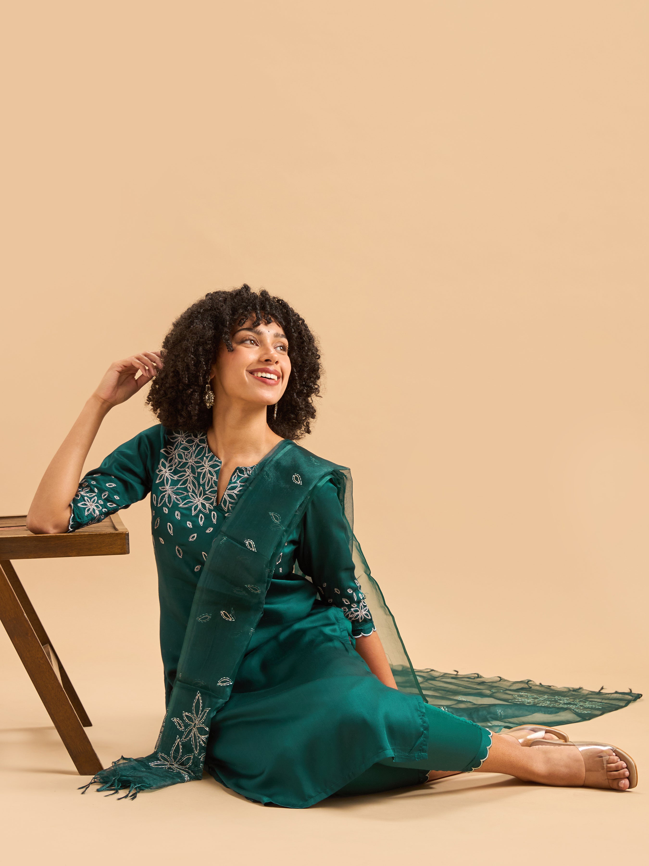 Teal Green Viscose Plain Kurti Set & Dupatta With Hand Work Embroidery