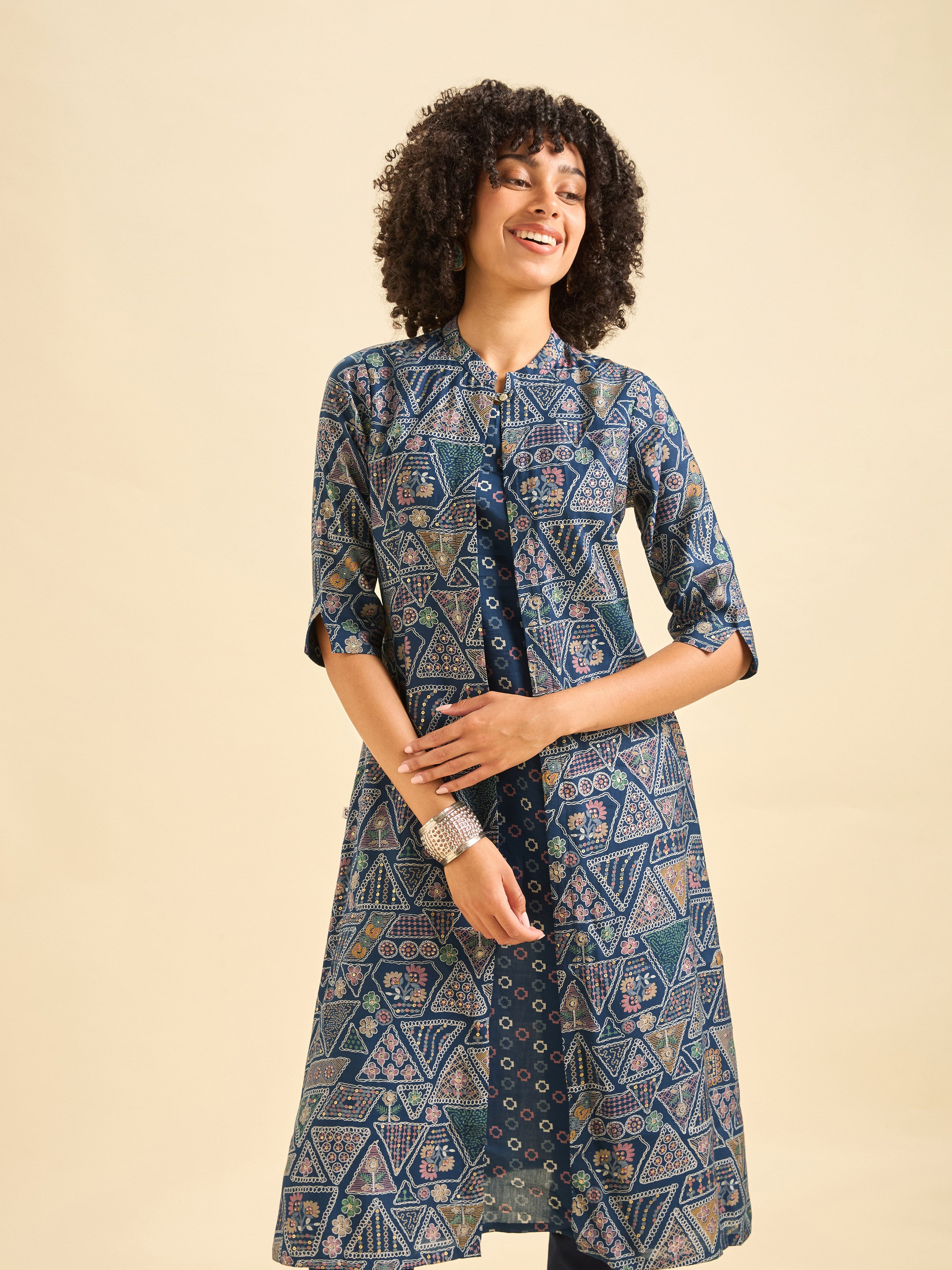 Navy Blue Multi Viscose Blend Printed Flared Kurti.