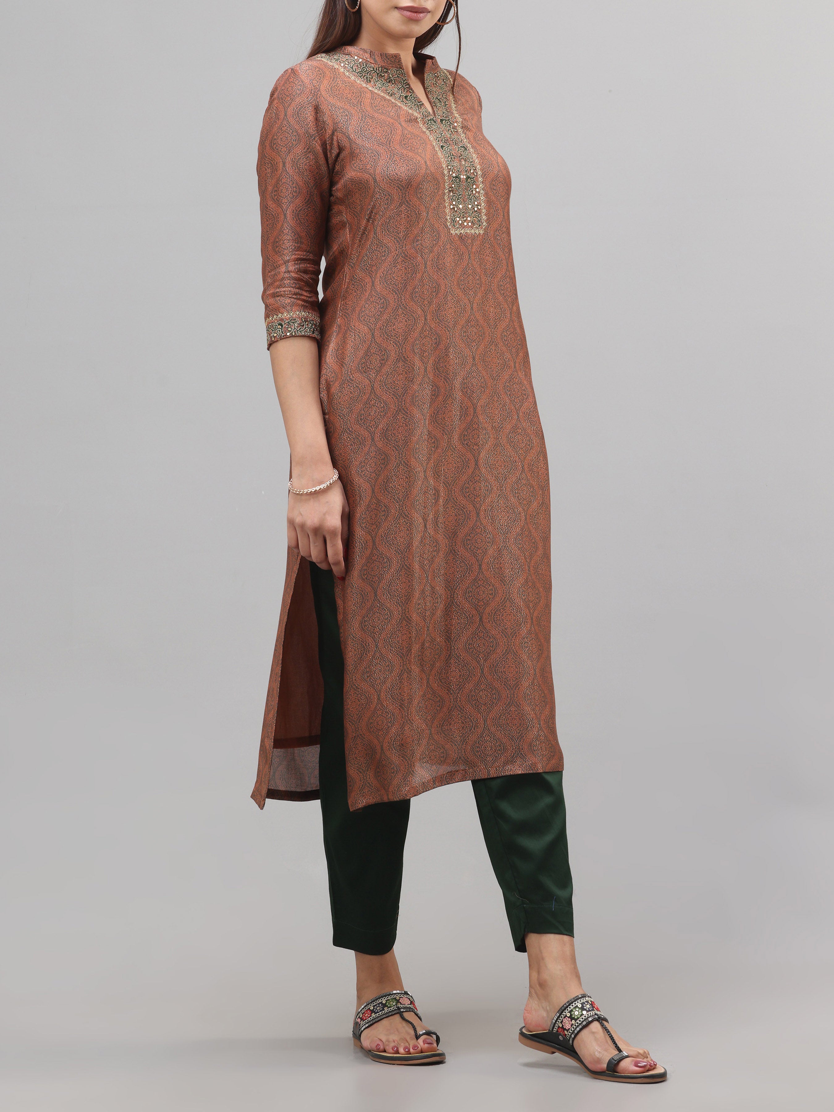 Multi-Colour Muslin Lurex Kurti With Cording Embroidery And Matching Bottom