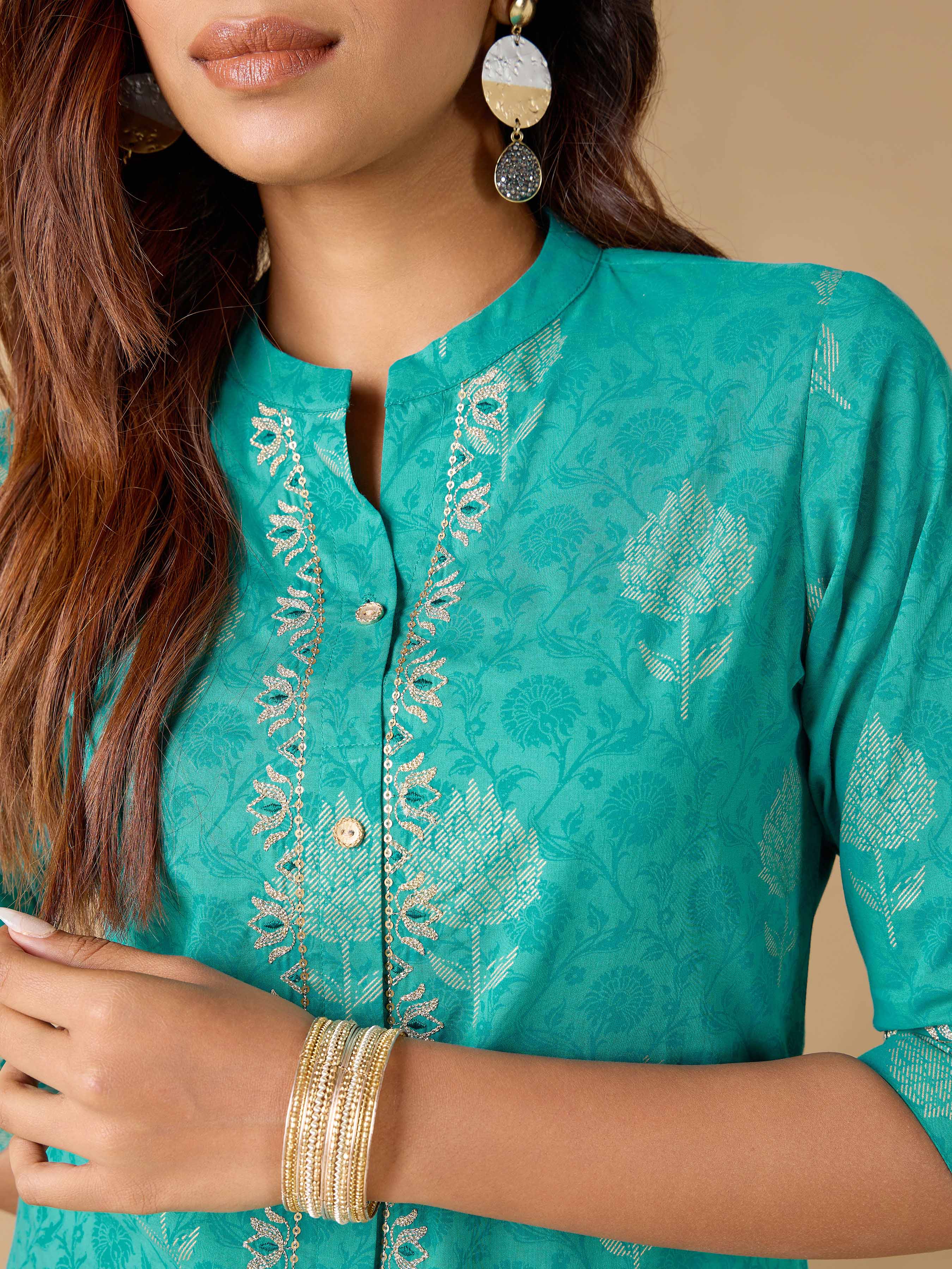 Teal Green Pure Cotton Printed Kurti With Embroidery