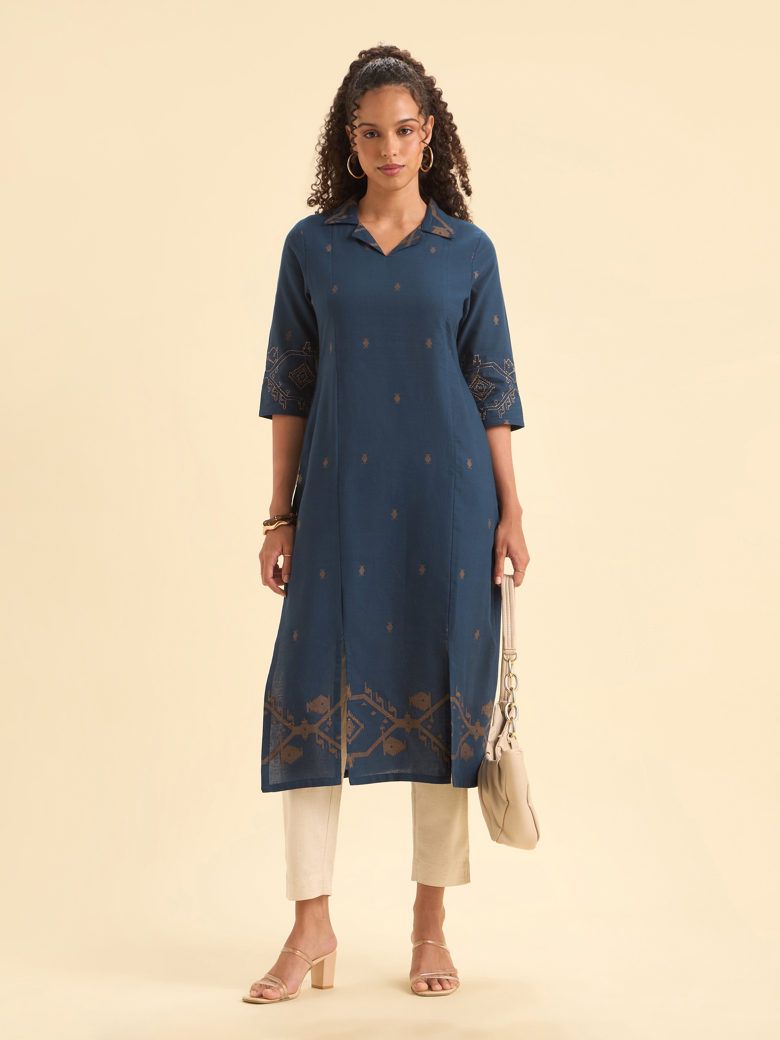 Navy Mustard Cotton Dobby Plain Center Panel Kurti With Embroidery