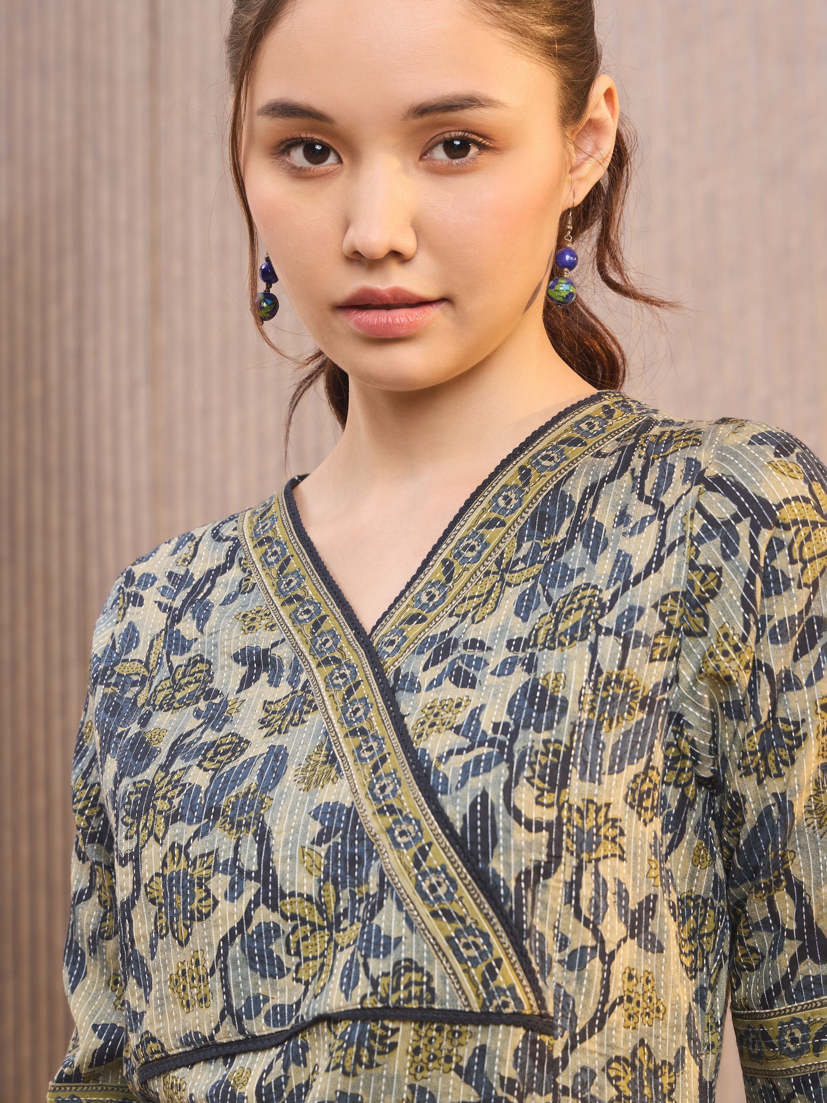 Olive Green Pure Cotton Printed Kurti With Lace Detailing
