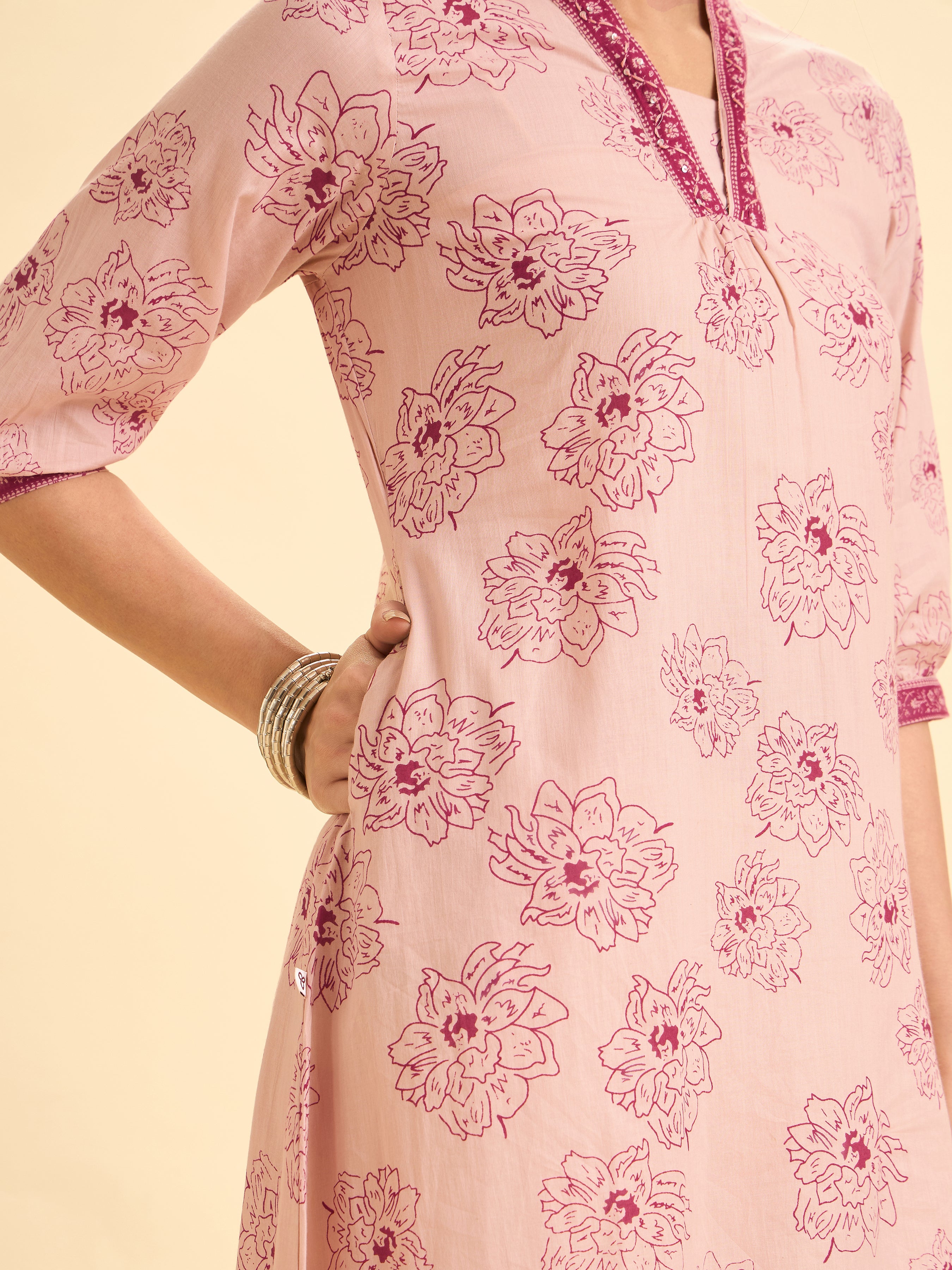 Blush Pink Pure Cotton Printe Kurti With Embroidery And Sequins Work