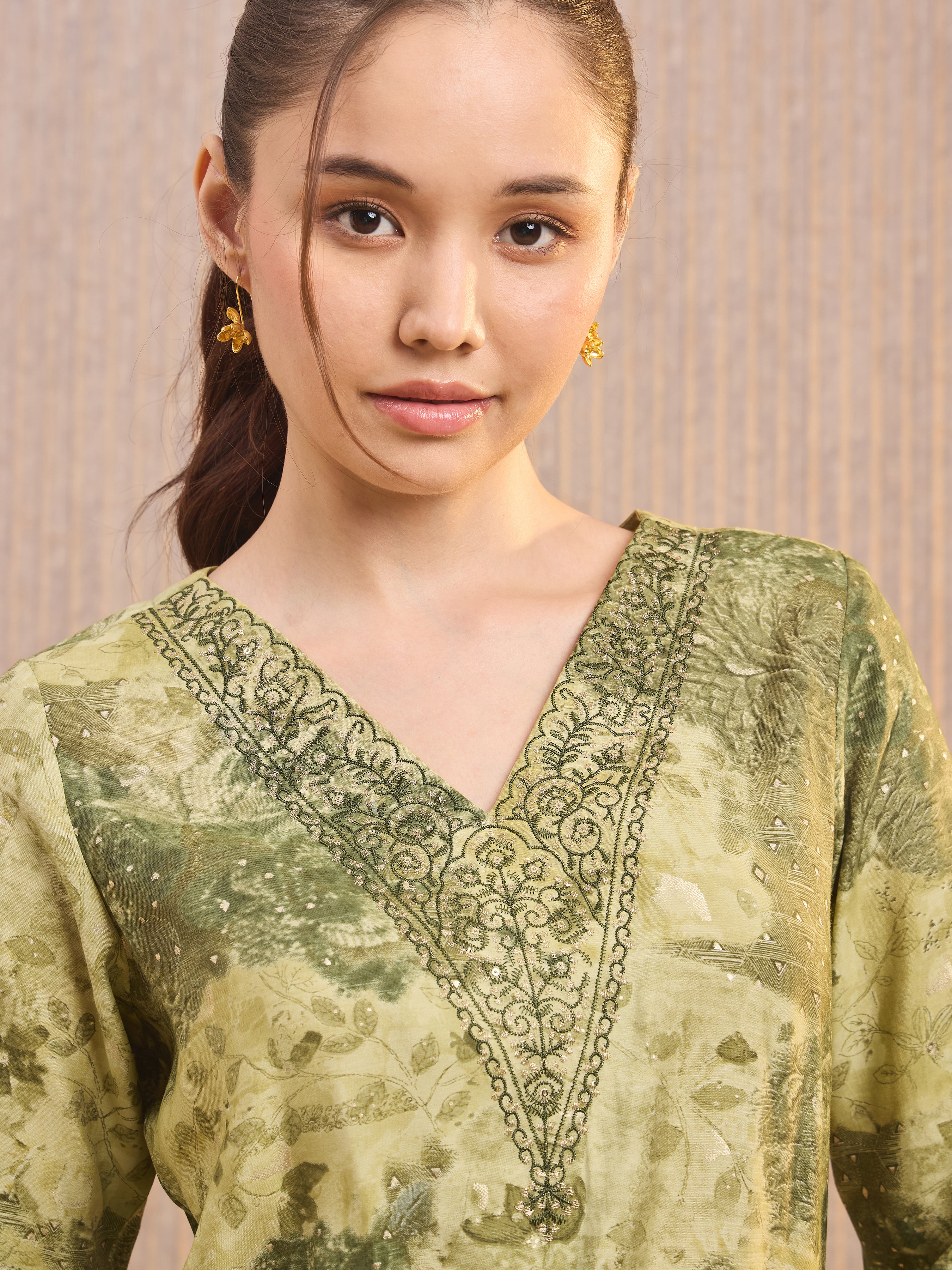 Green Modal Chanderi Foil Printed Kurti With Sequins Work
