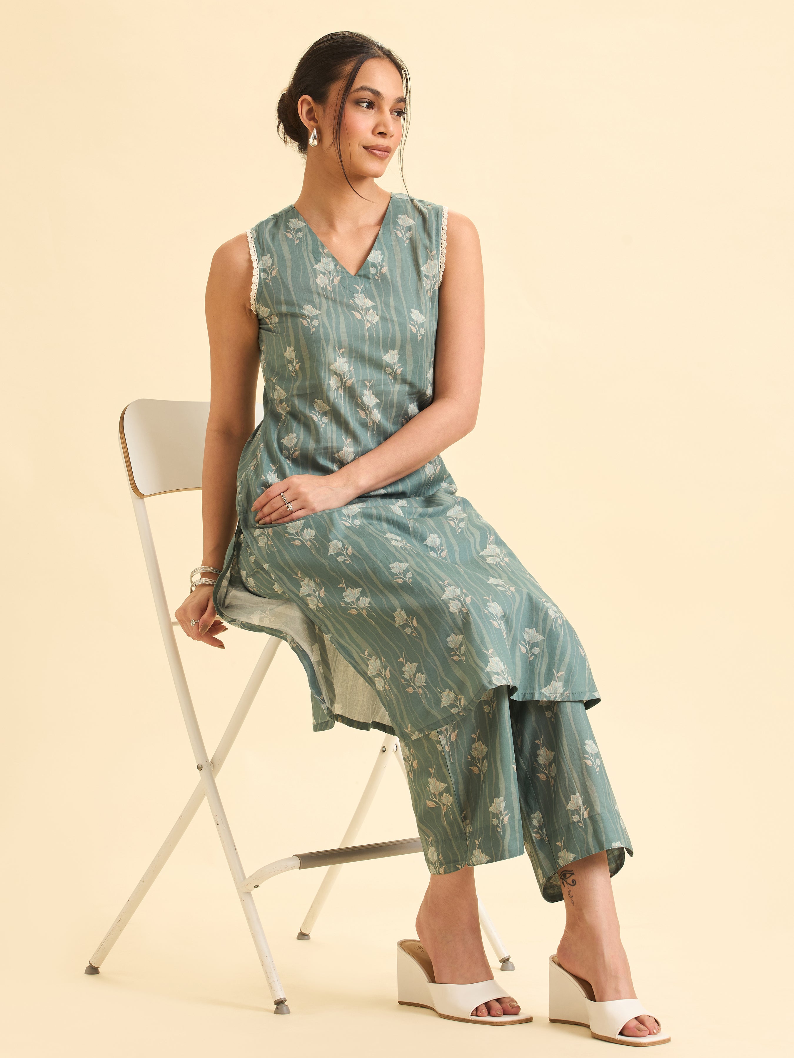 Sage Green Muticolour Pure Cotton Printed Slited Kurti Set With Lace