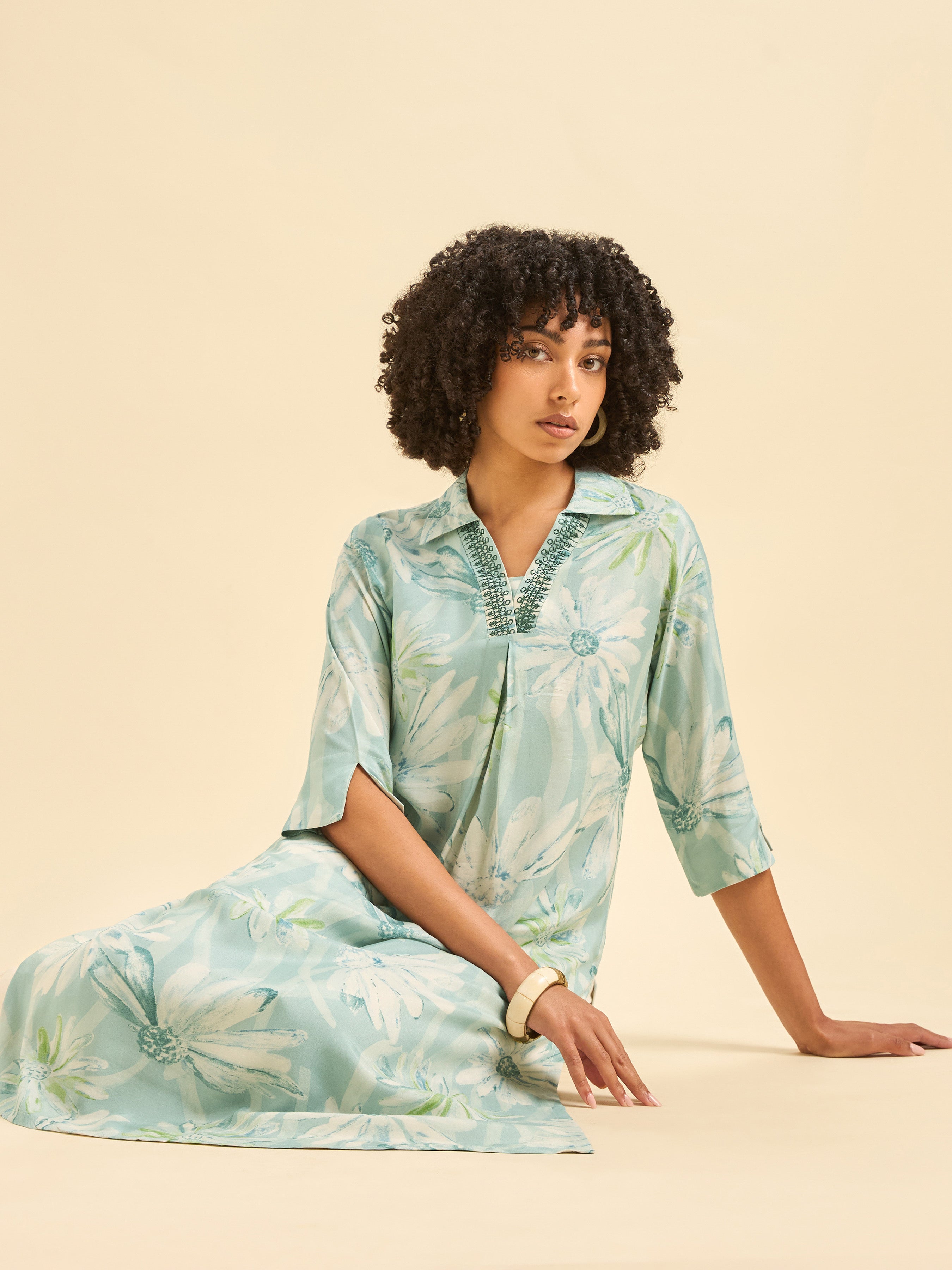 Light Blue Muslin Printed Kurti With Embroidery