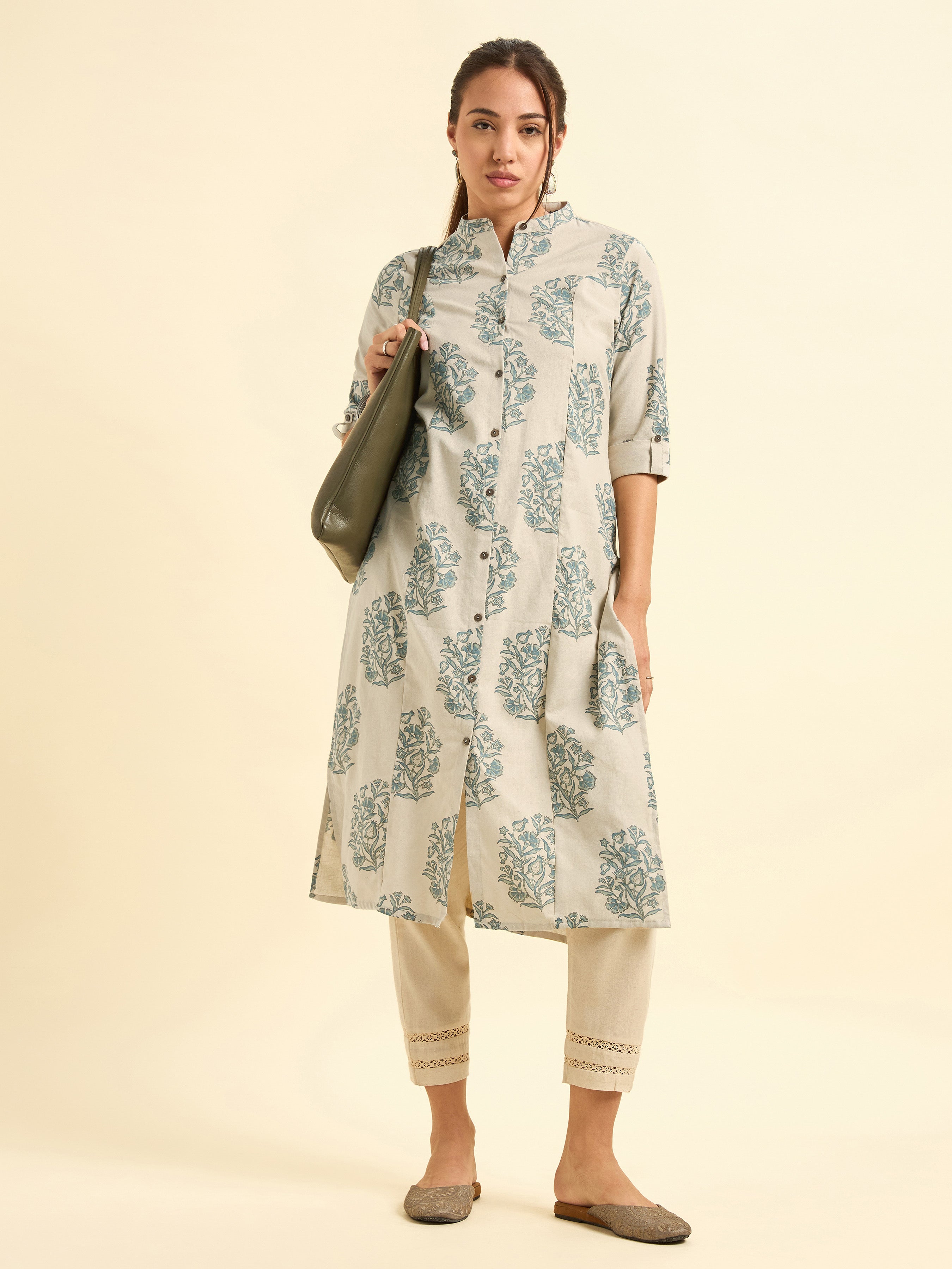 Beige Colour Cotton Flax Printed Slit Kurti With Placket