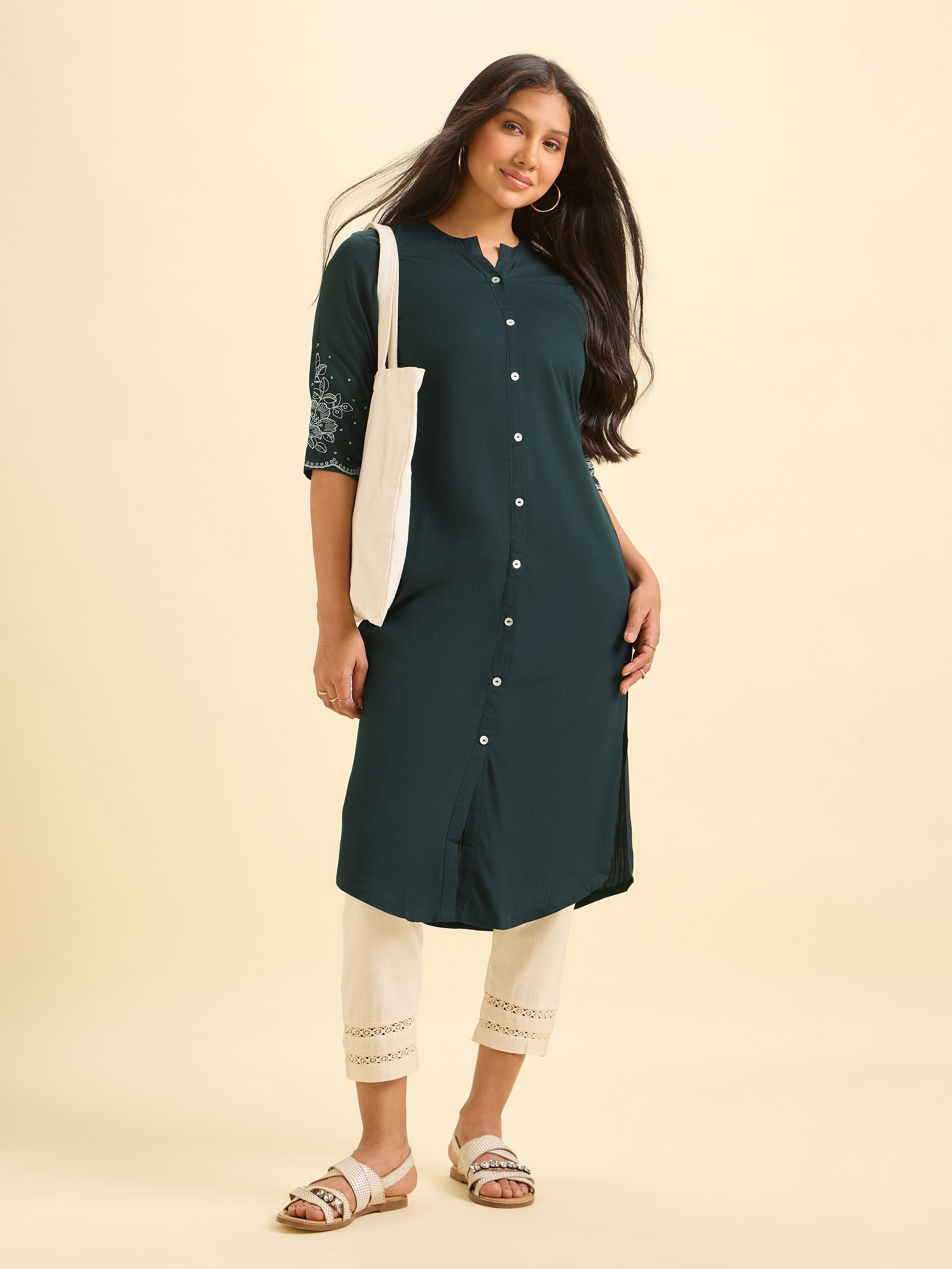 Teal viscose slub kurti with embroidery