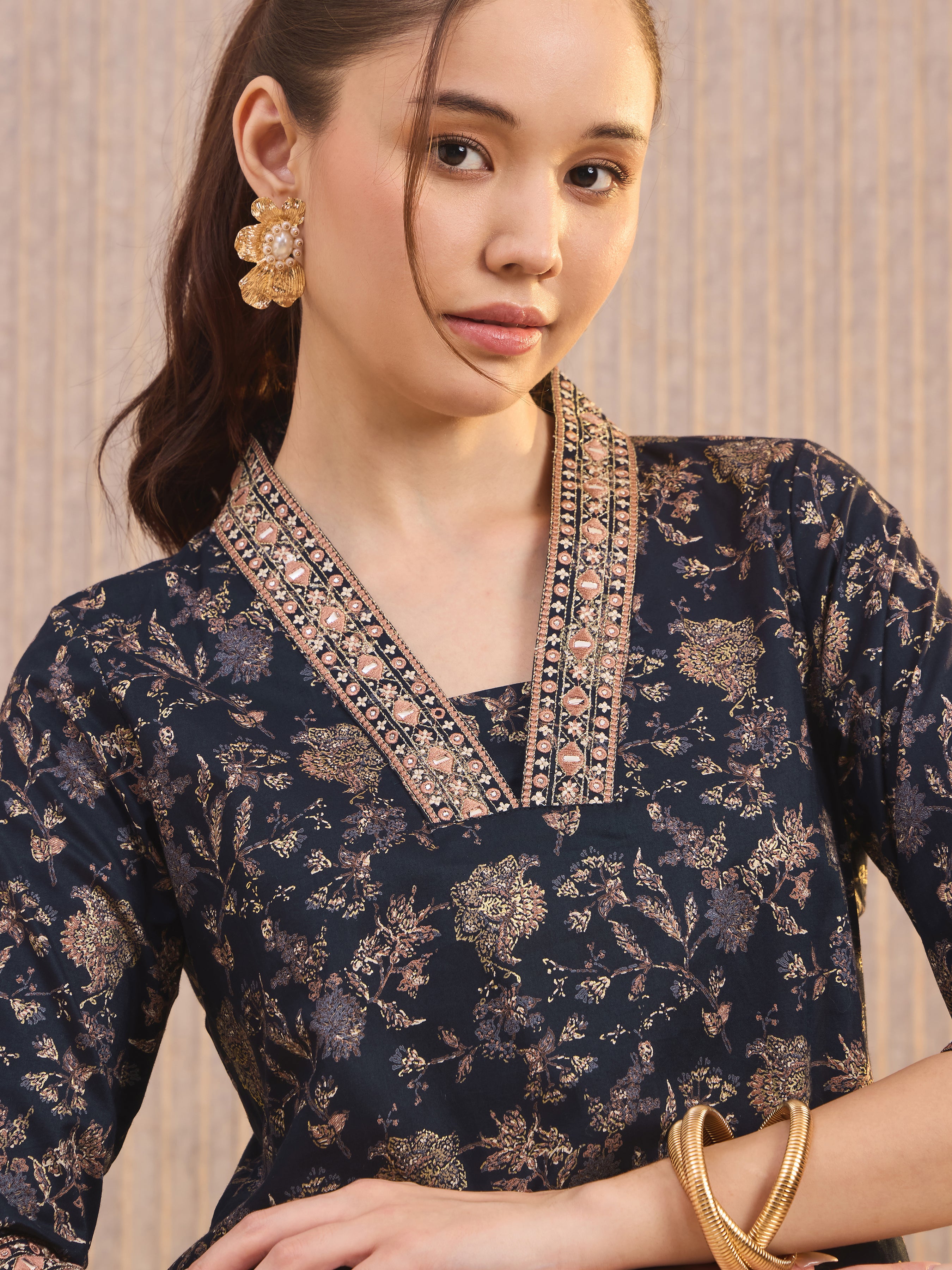 Navy Blue Pure Cotton Foil Printed Kurti With Mirror Work
