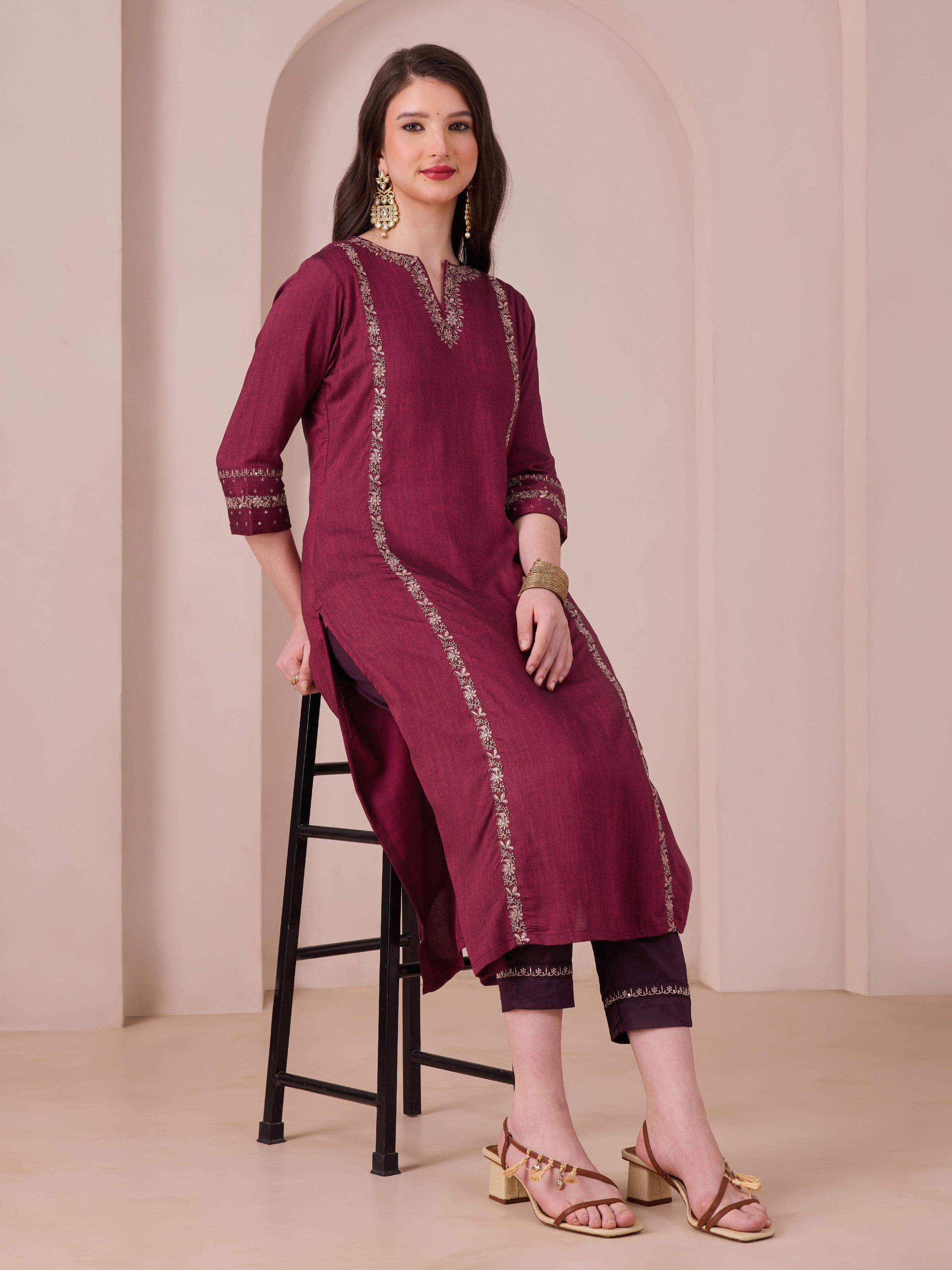 Majenta Viscose Kurti & Bottom With Embroidery