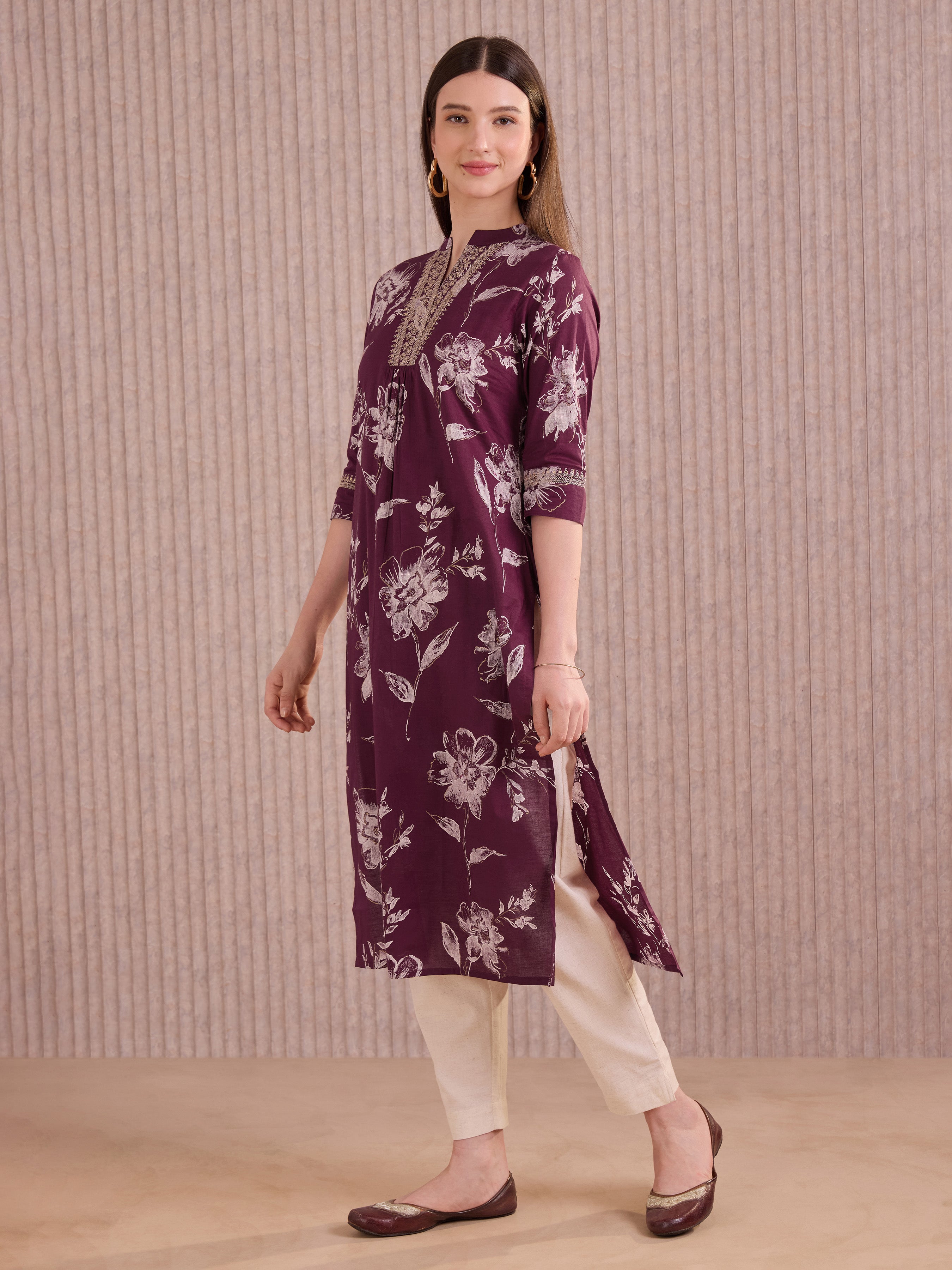 Meroon Pure Cotton Foil Printed Kurti With Sequins Embroidery