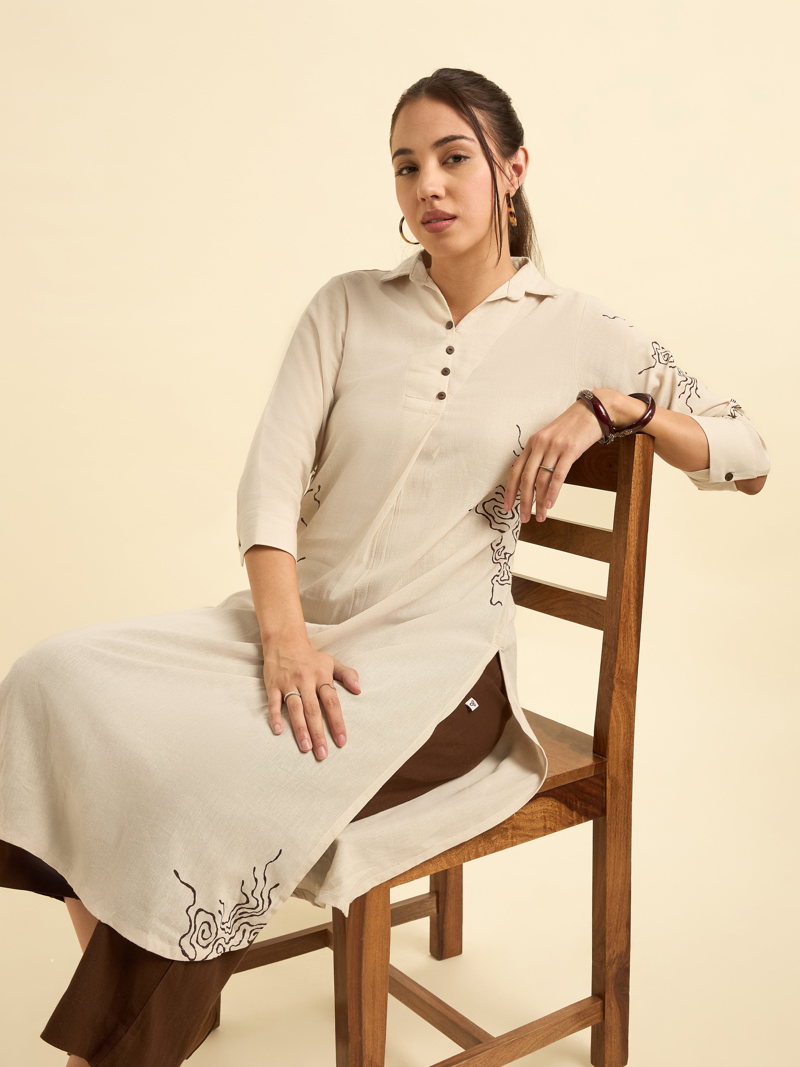 Ivory Colour Viscose Linen Kurti With Placement Print with Bottom