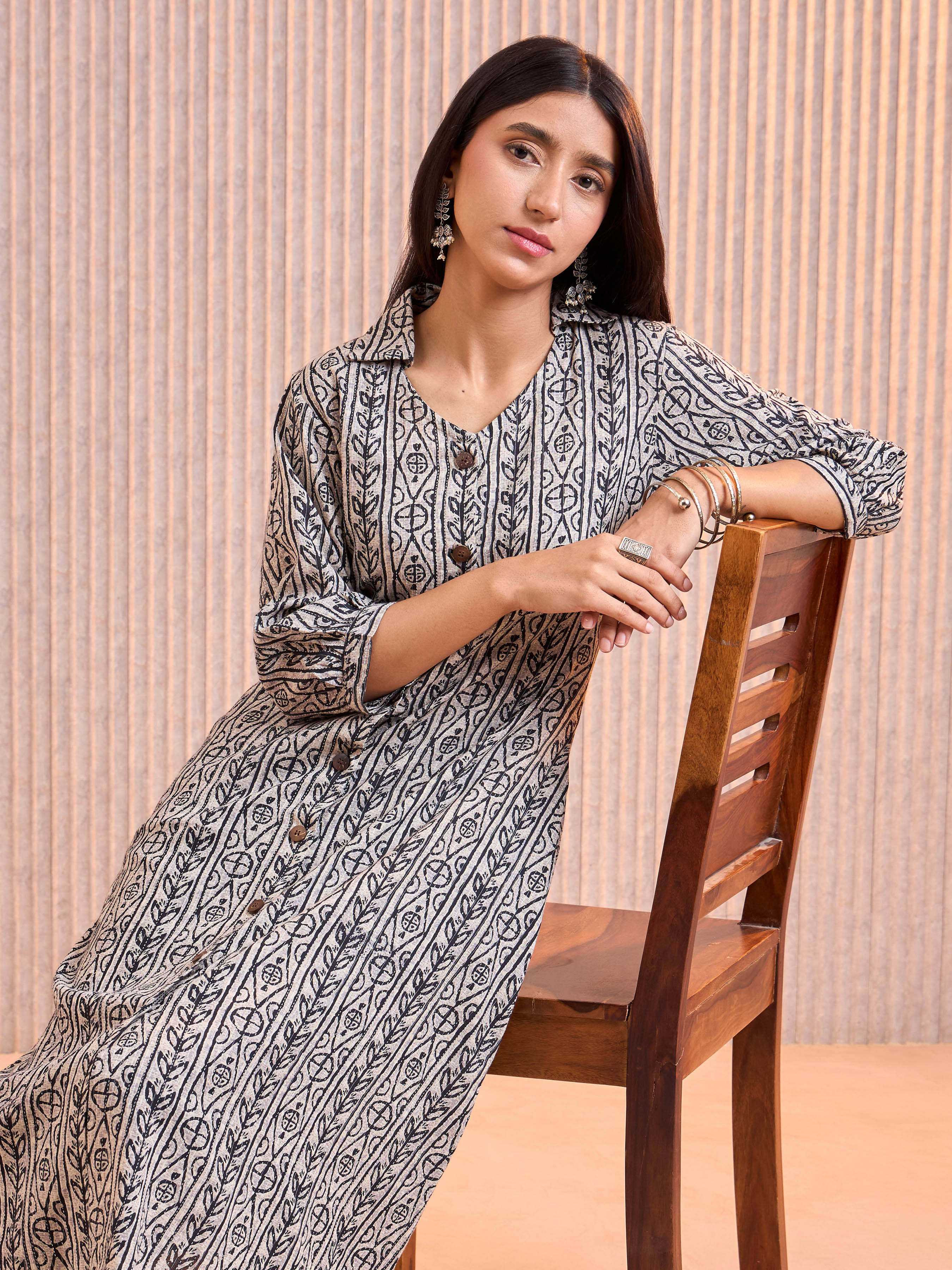 Light Grey Cotton Printed Flared Kurti
