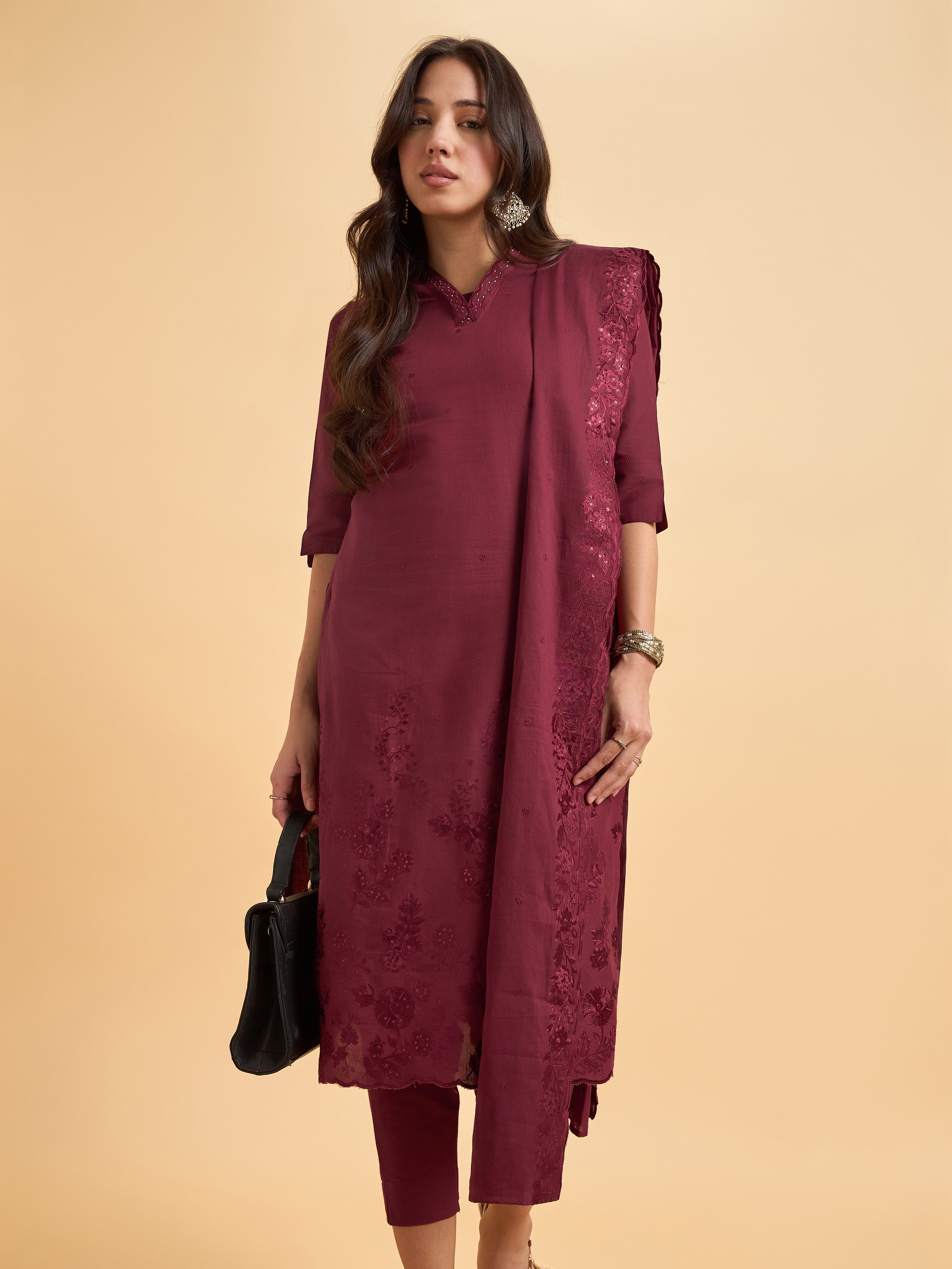 Maroon Pure Cotton Kurti Set With Dupatta And Hand Work Embroidery