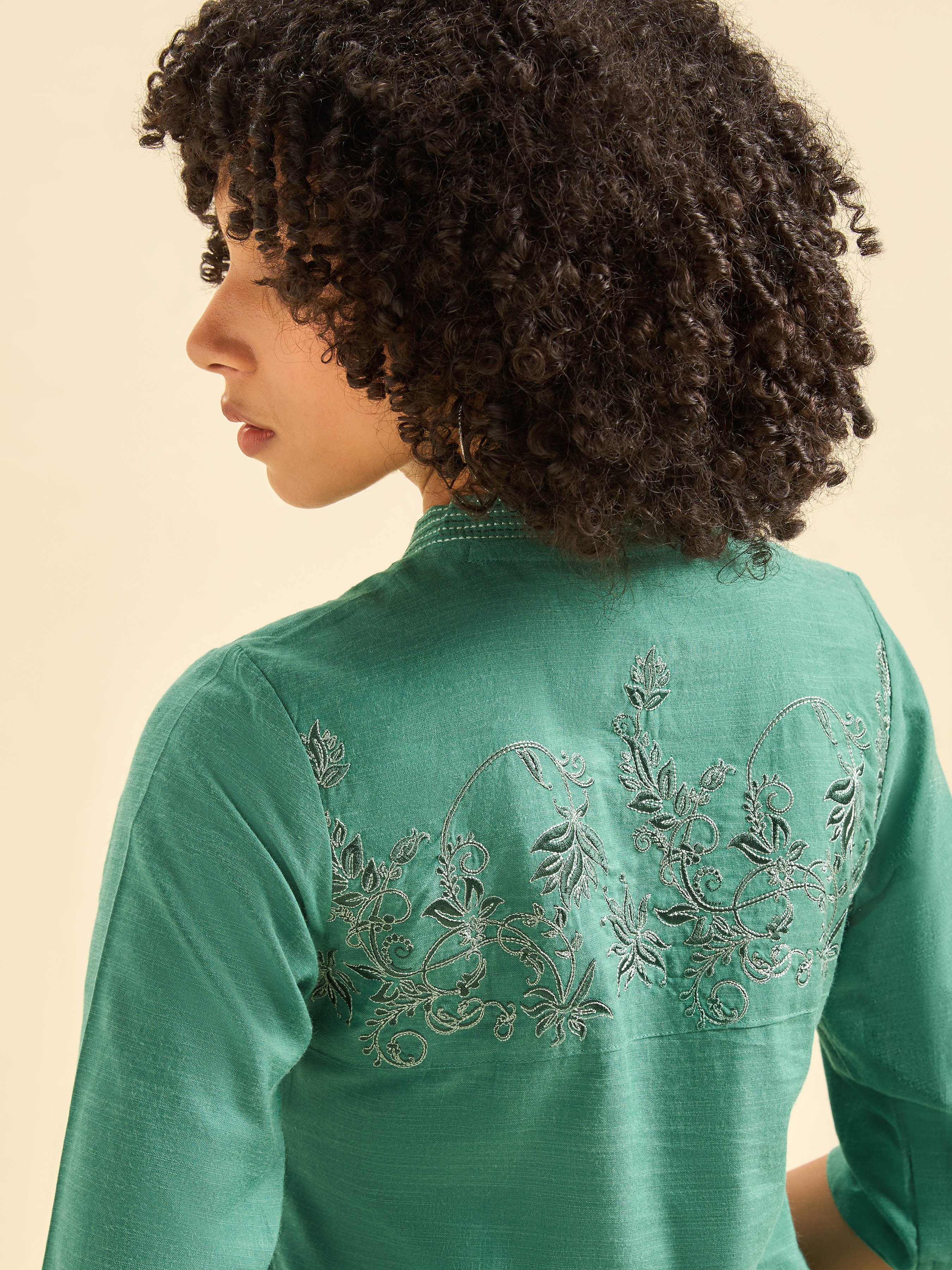 Aqua Green Cotton Viscose Flared Kurti With Embroidery