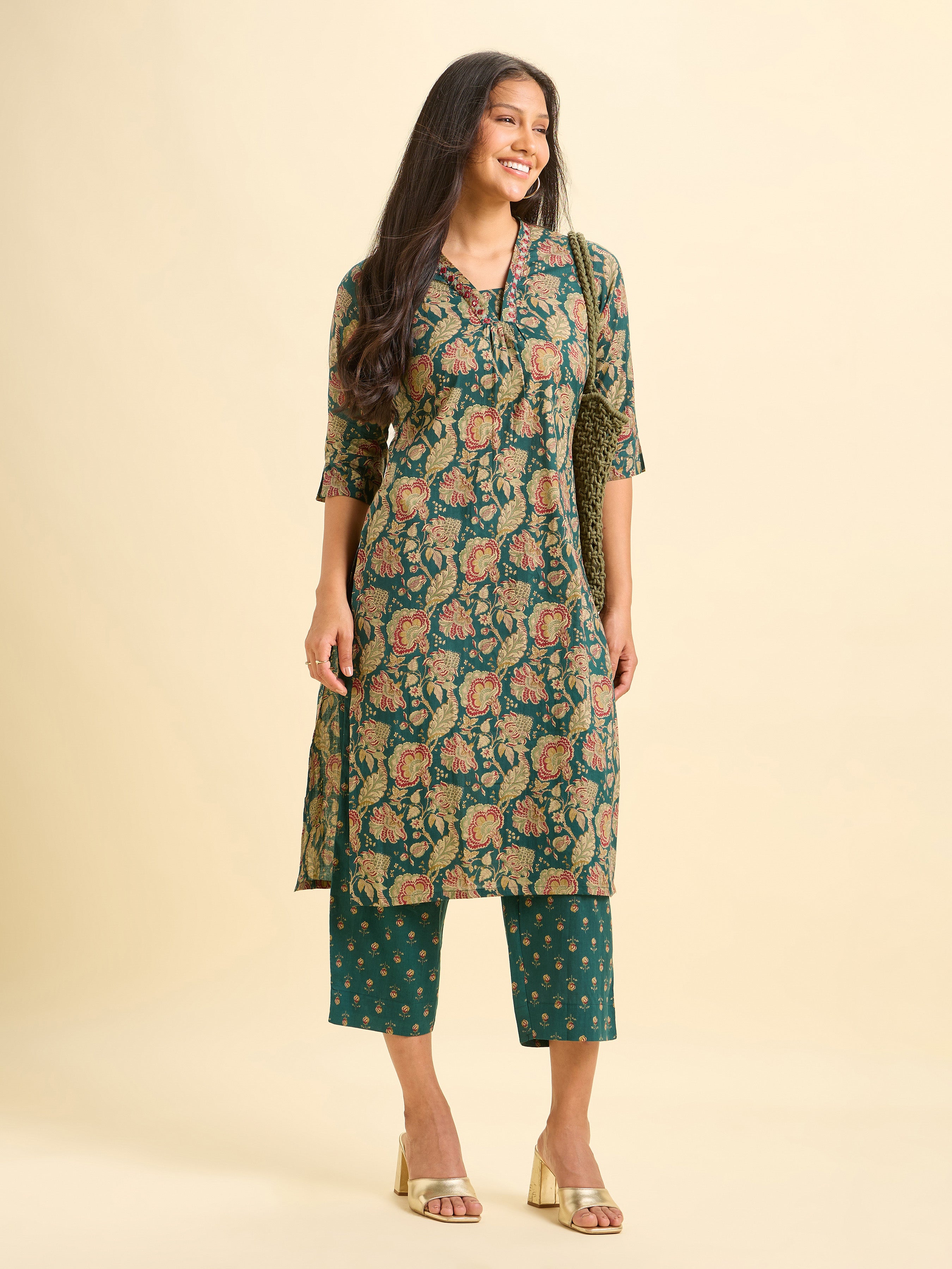 Green Colour Pure Cotton Printed Slited Kurti Set With Embroidery And Mirror Work