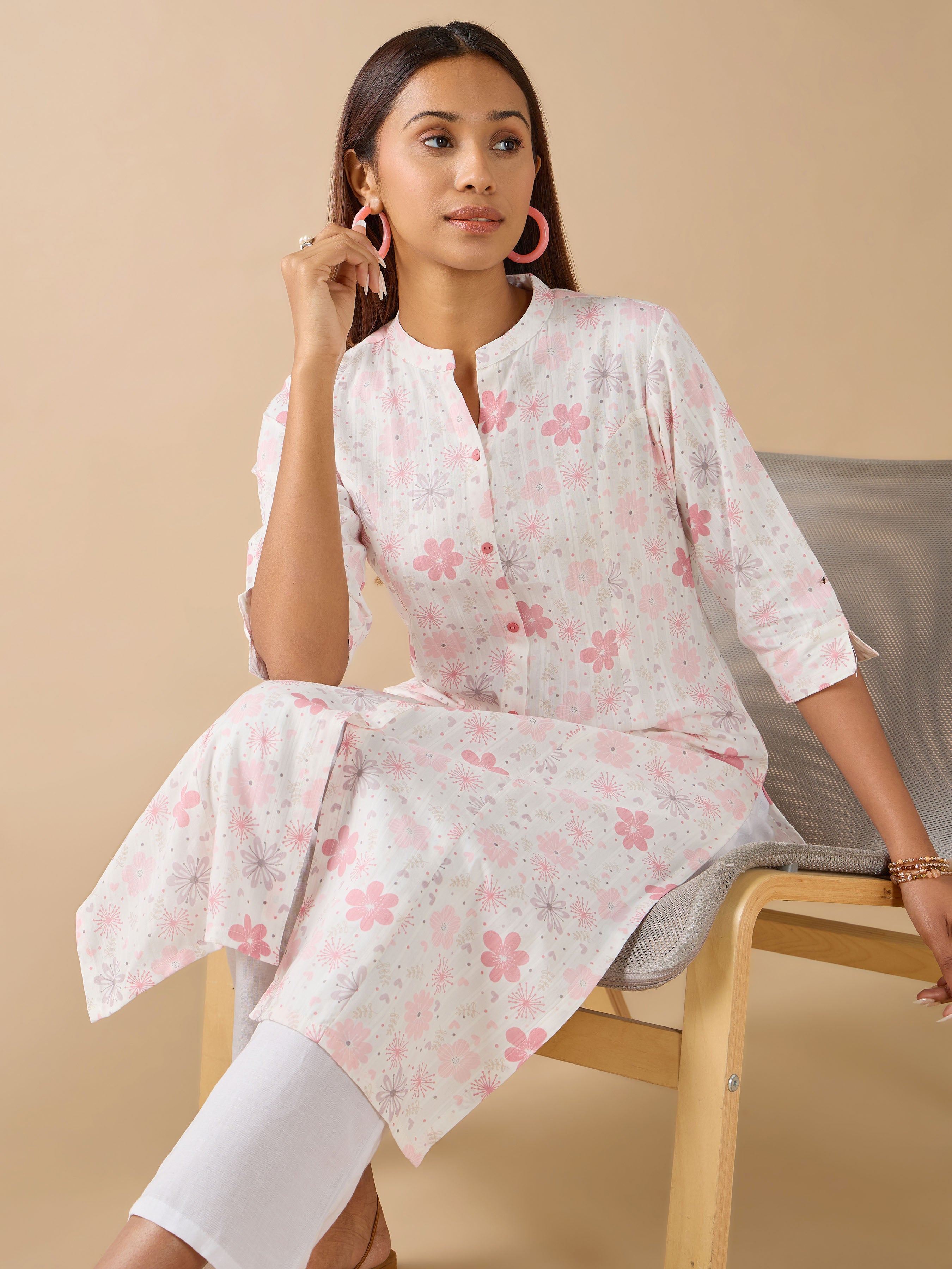 White Cotton Dobby Printed Kurti With Princess Cut