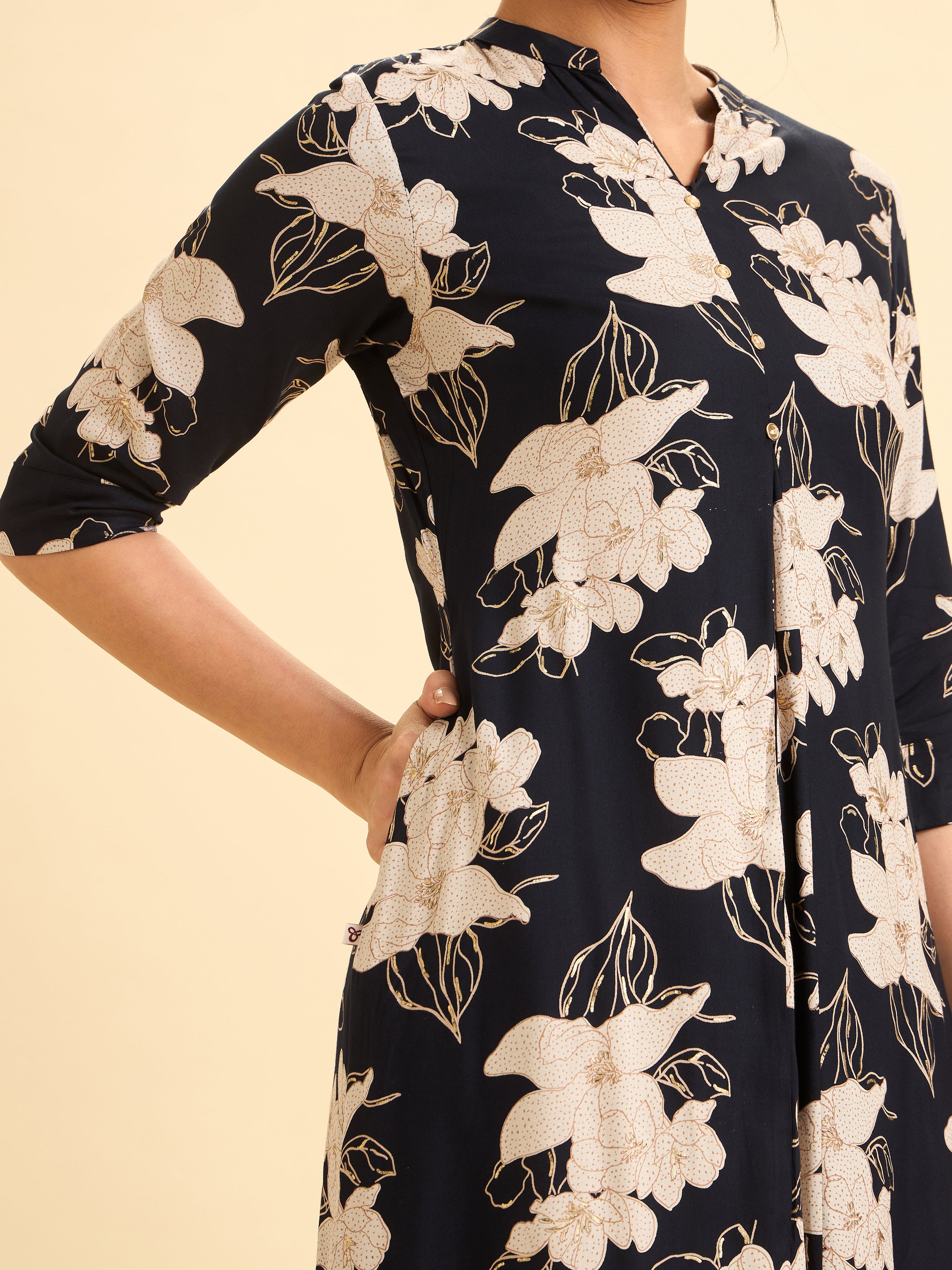 Navy Blue And Ivory Viscose Printed Flared Angrakha Kurti