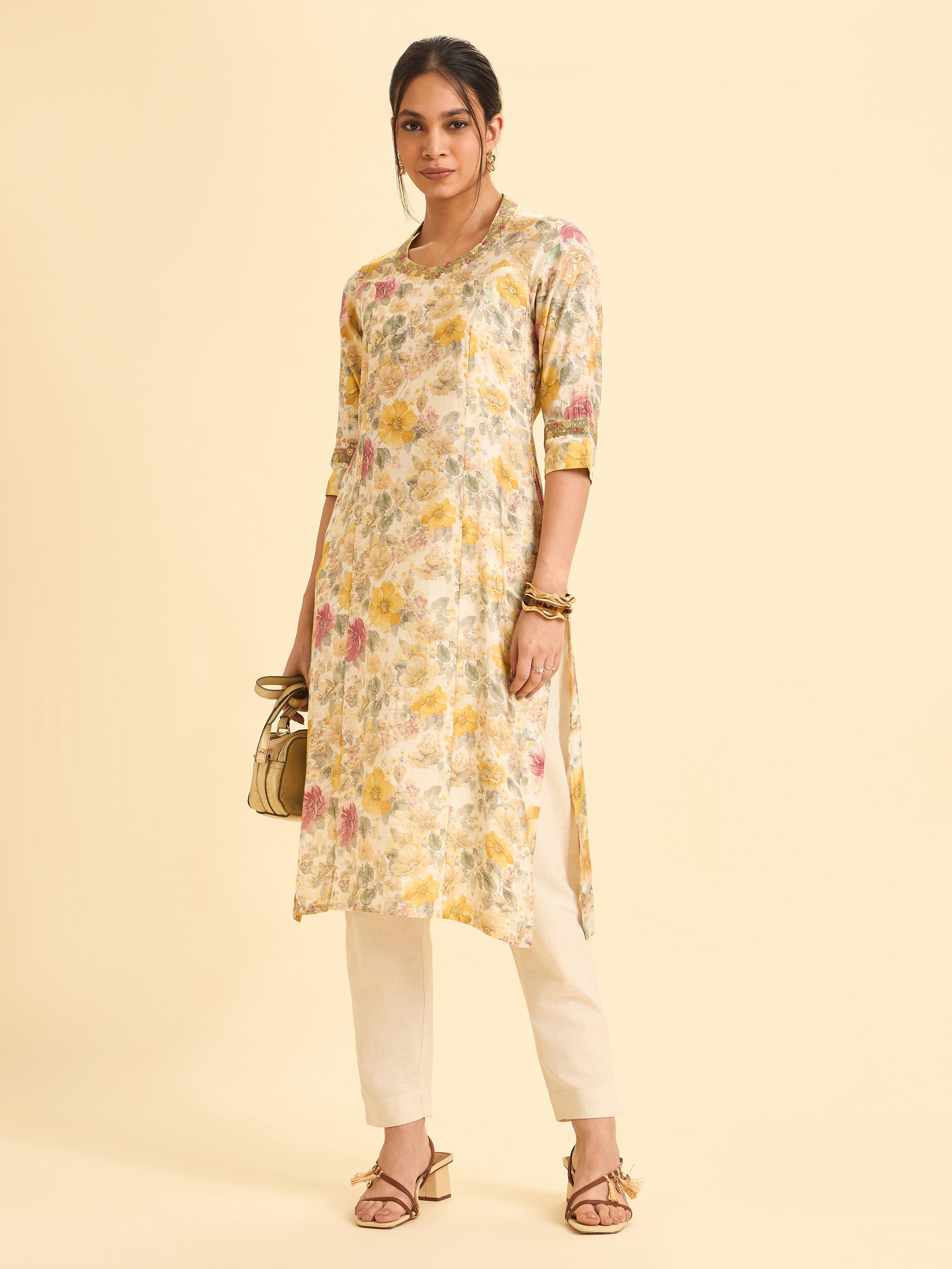 Ivory Modal Chanderi Printed Princess Cut Slitted Kurti With Embroidery