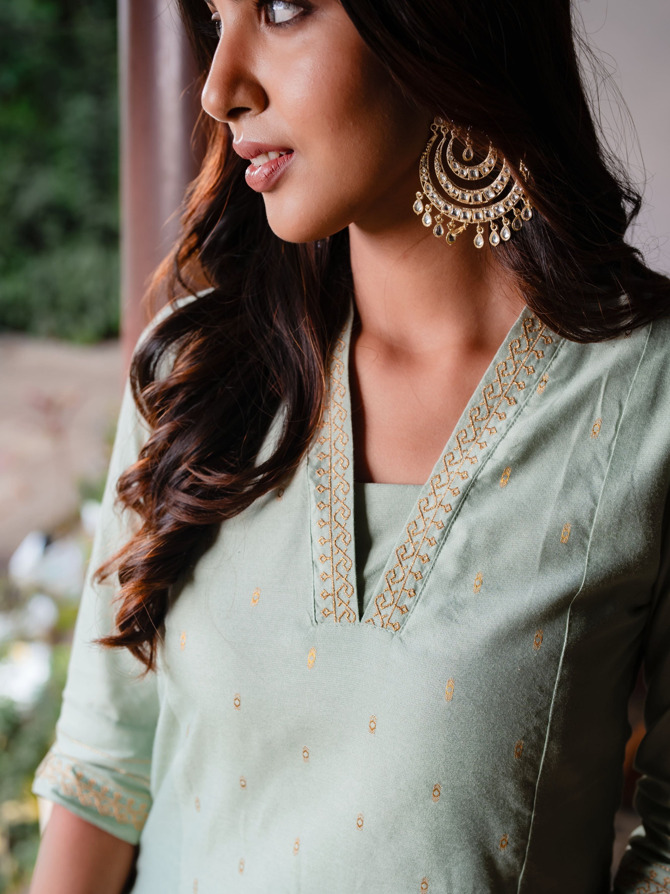 Pista Green Viscose Kurti With Embroidery