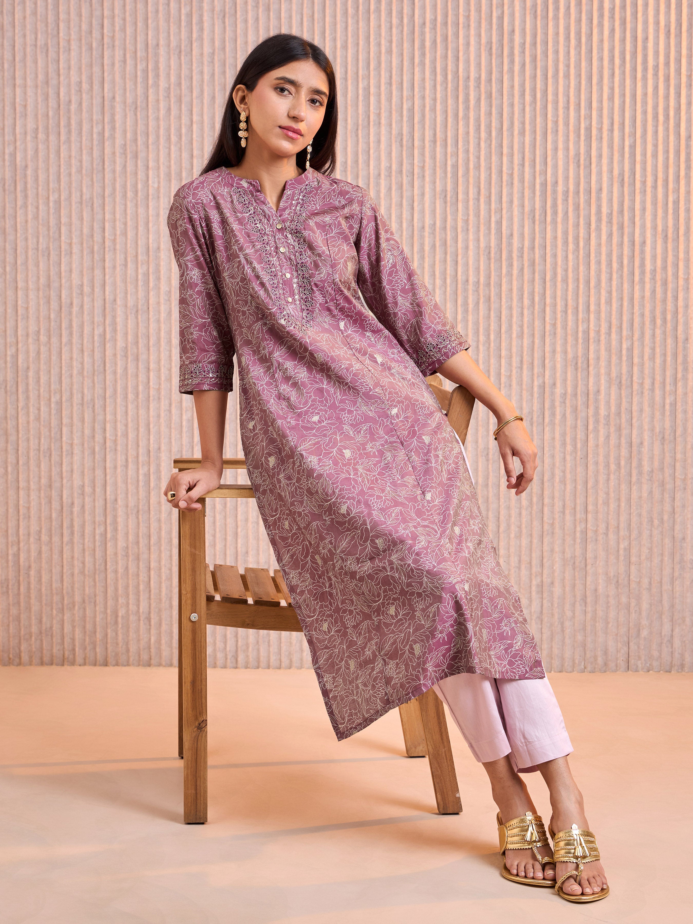Purple Modal Chanderi Foil Printed Kurti With Cording Sequins Work