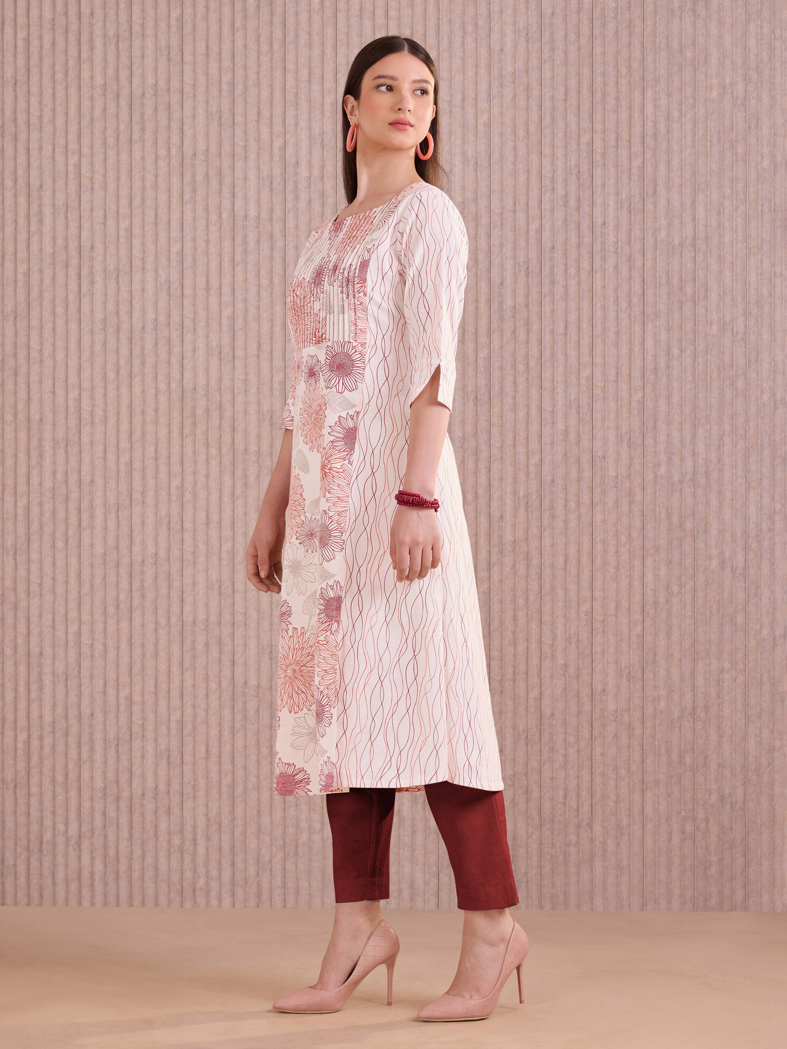 White Cotton Flax printed Kurti With Embroidery.