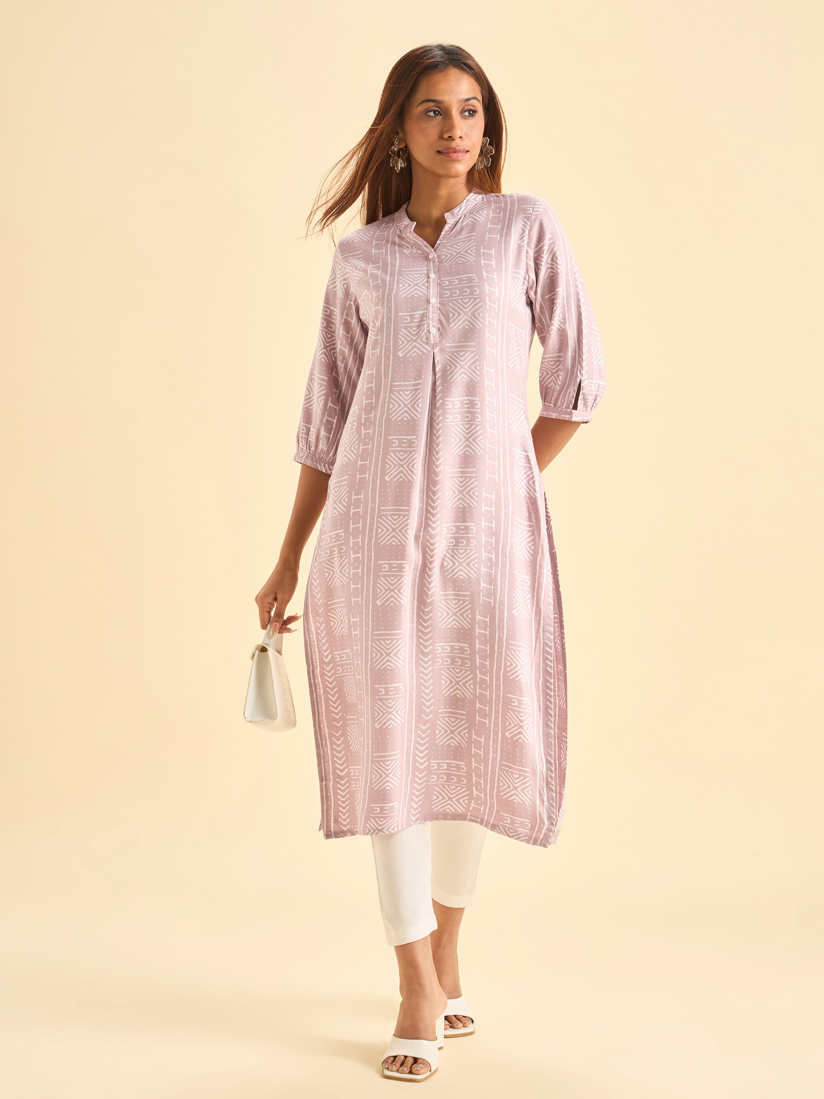 Onion Pink And Ivory Tencel Print Slited Kurti With Box Pleat