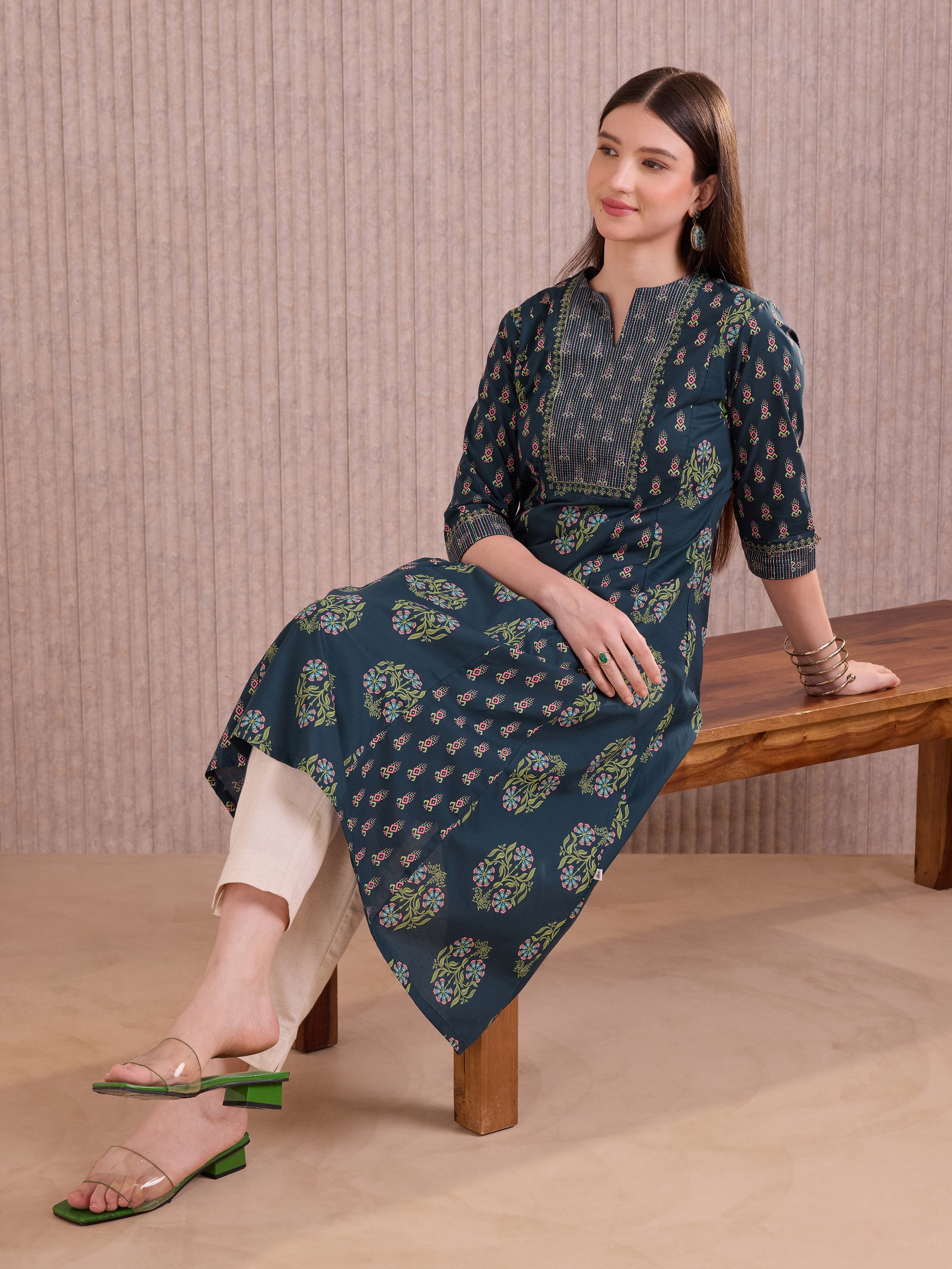 Navy Blue Cotton Printed Flared Kali Cut Kurthi With Embroidery