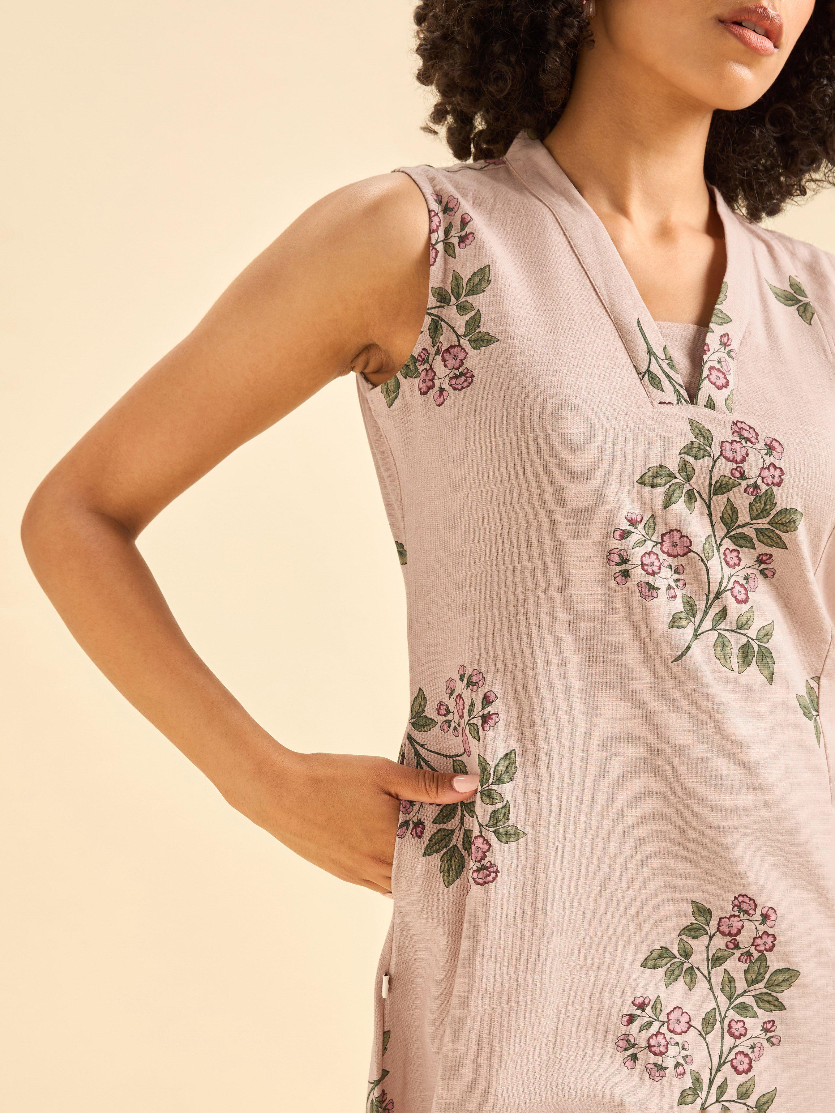 Onion Pink Cotton Flax Slub Sleeveless Kurti Set