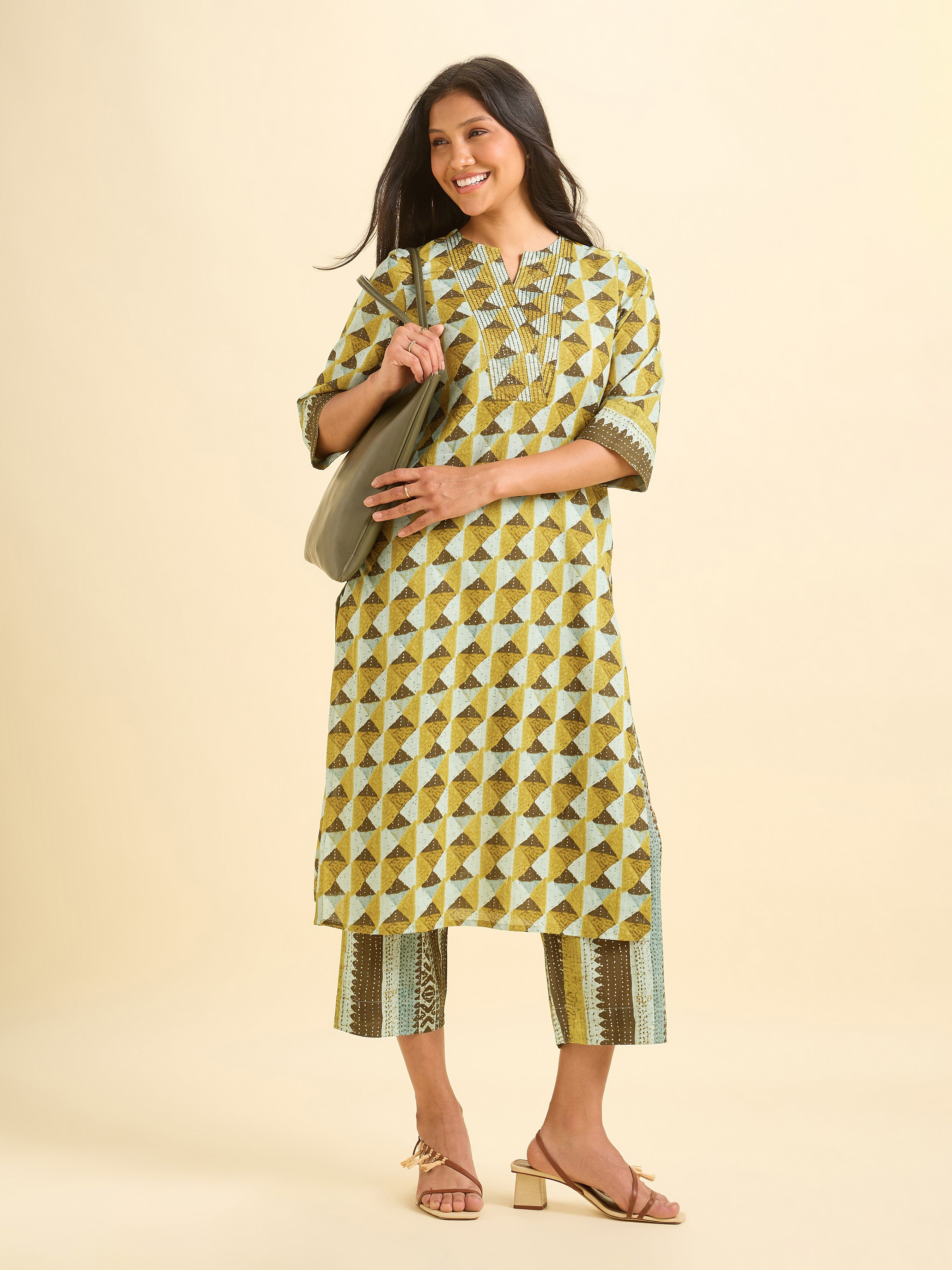 Multi Colour Cotton Printed Kurti Set With Sequins Embroidery