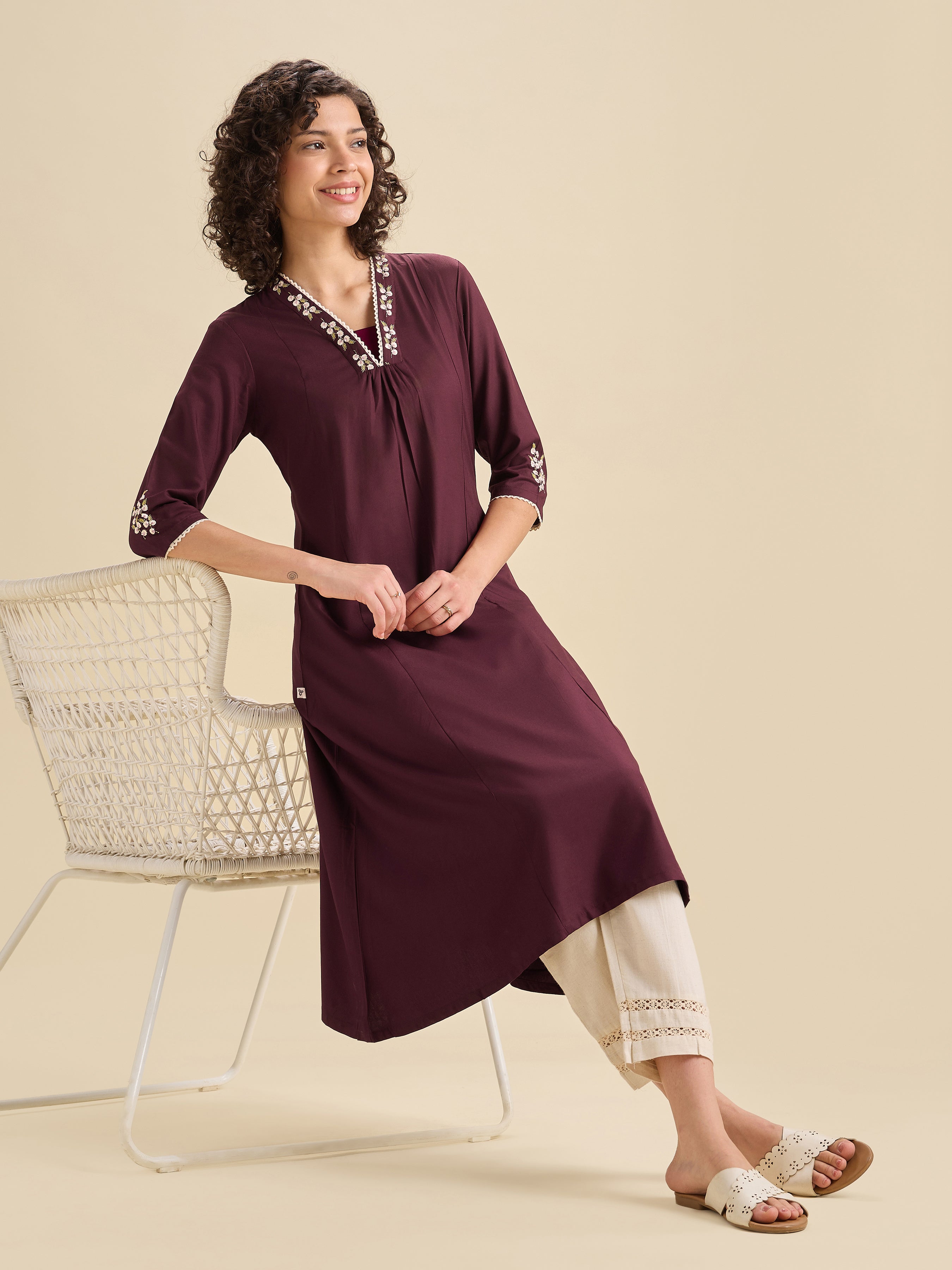 Maroon Viscose Plain Flared Center Panel Kurti With Embroidery