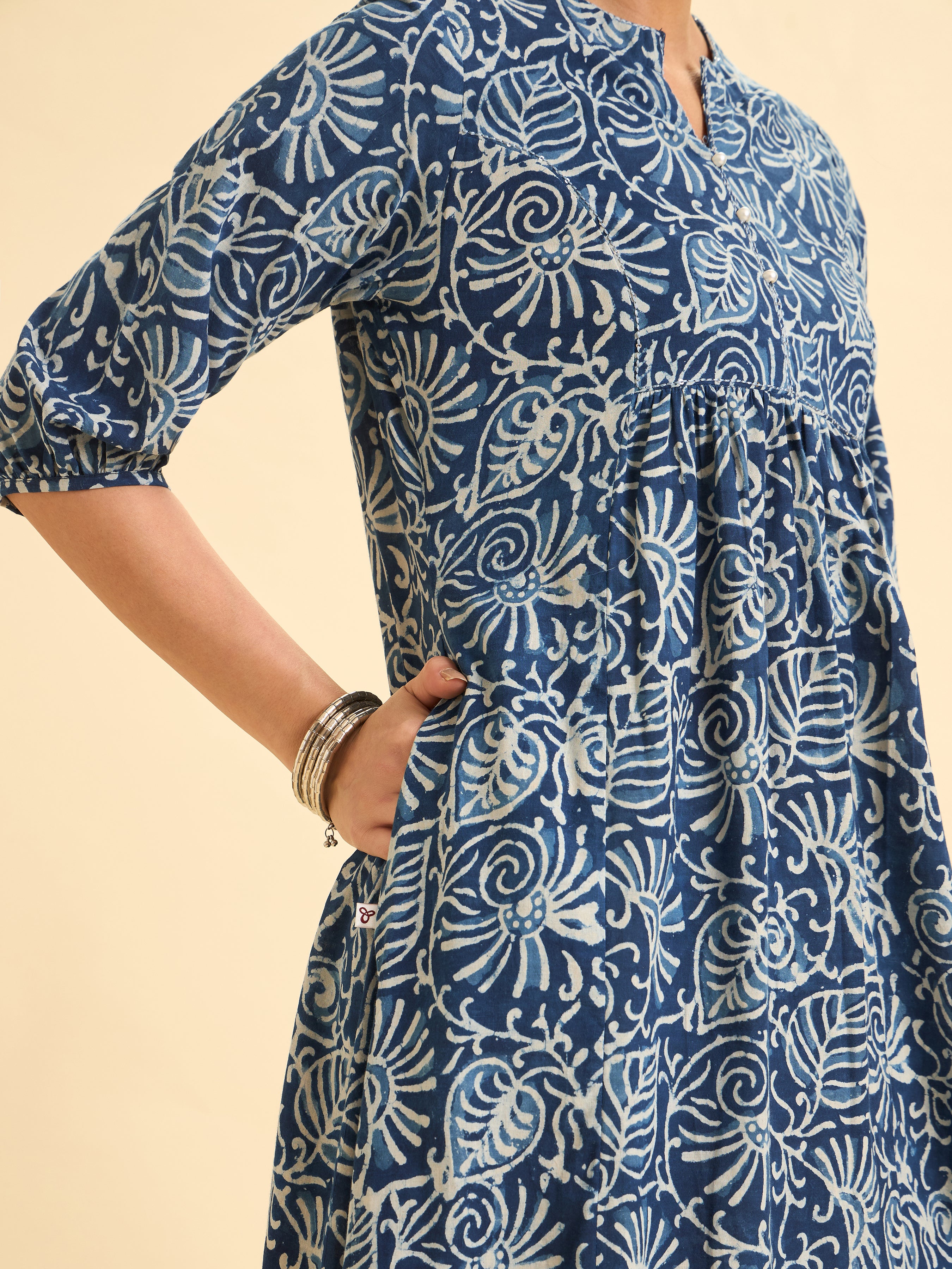 Indigo Pure Cotton Printed Flared Kurti With Sequins Work