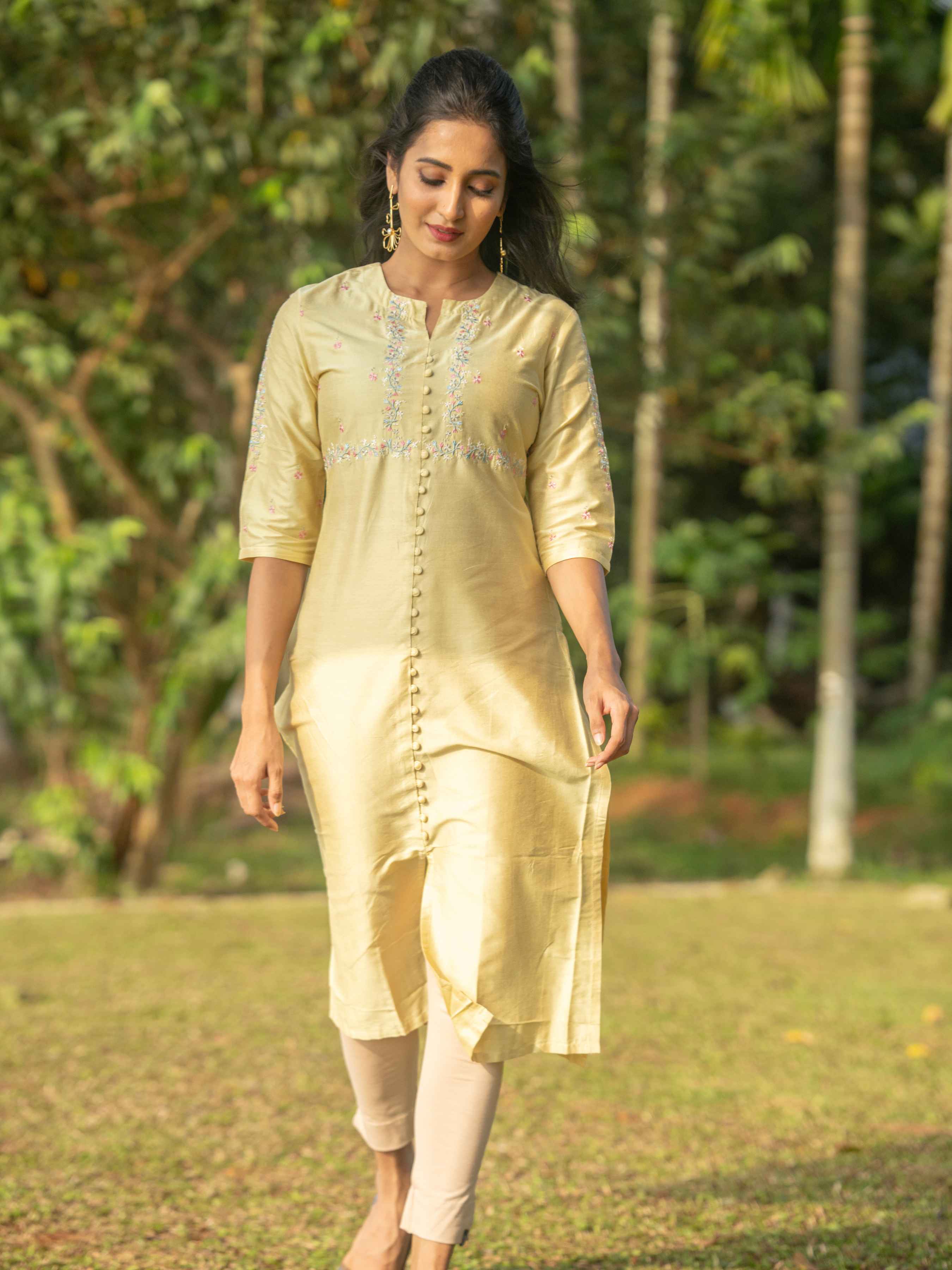 Yellow Poly Viscose Kurti With Embroidery And Matching Bottom