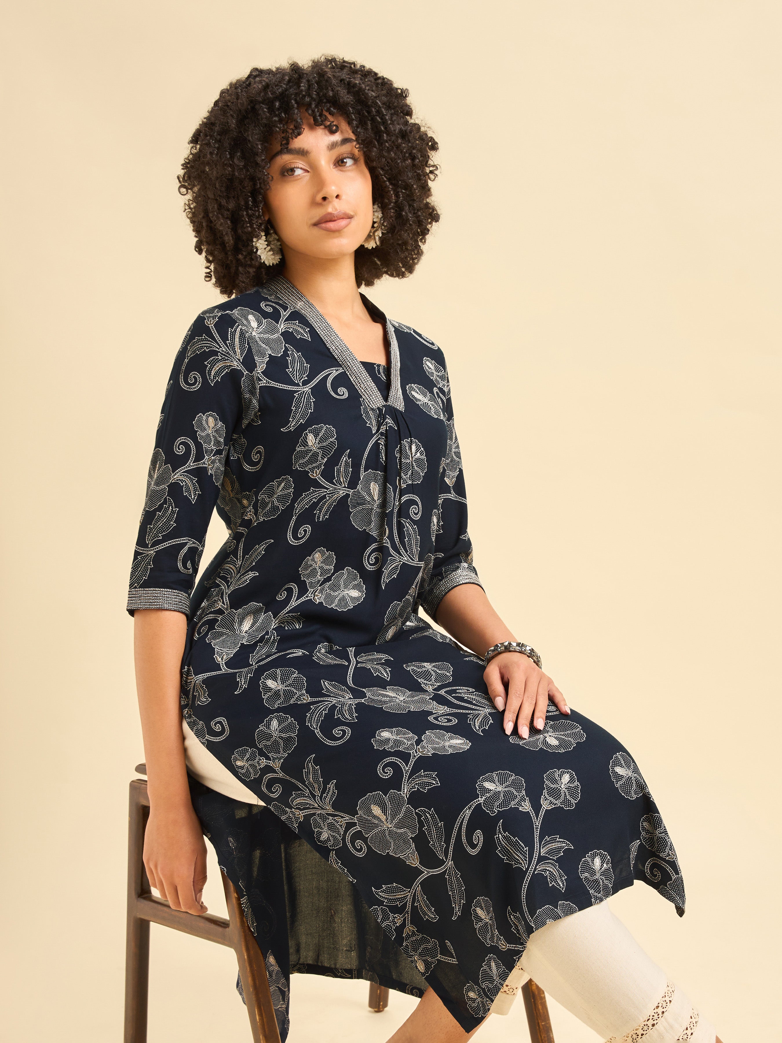 Navy Blue Viscose Slit Printed Kurti With Embroidery