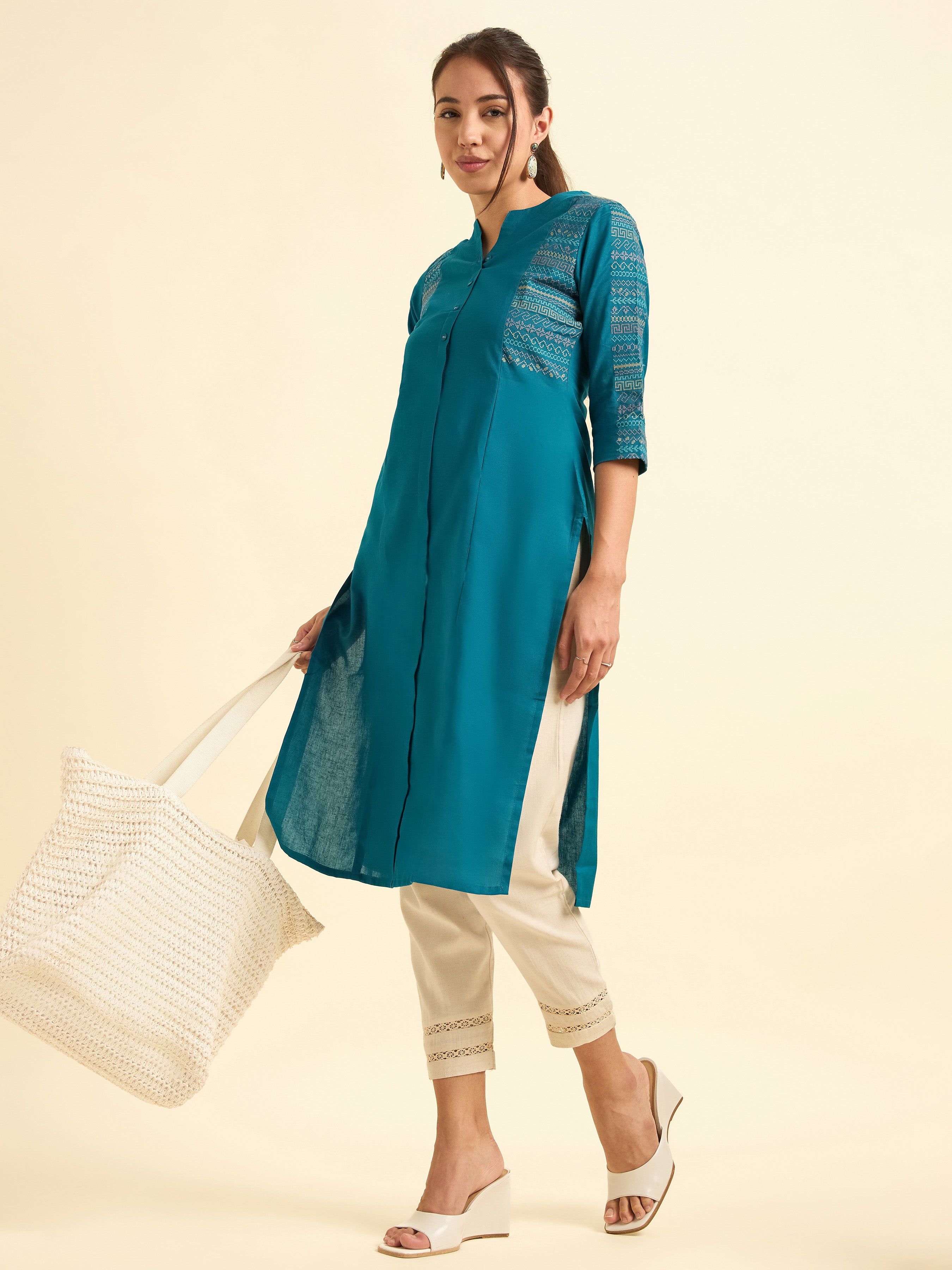 Peacock Blue Cotton Flax Slitted Kurti With Embroidery