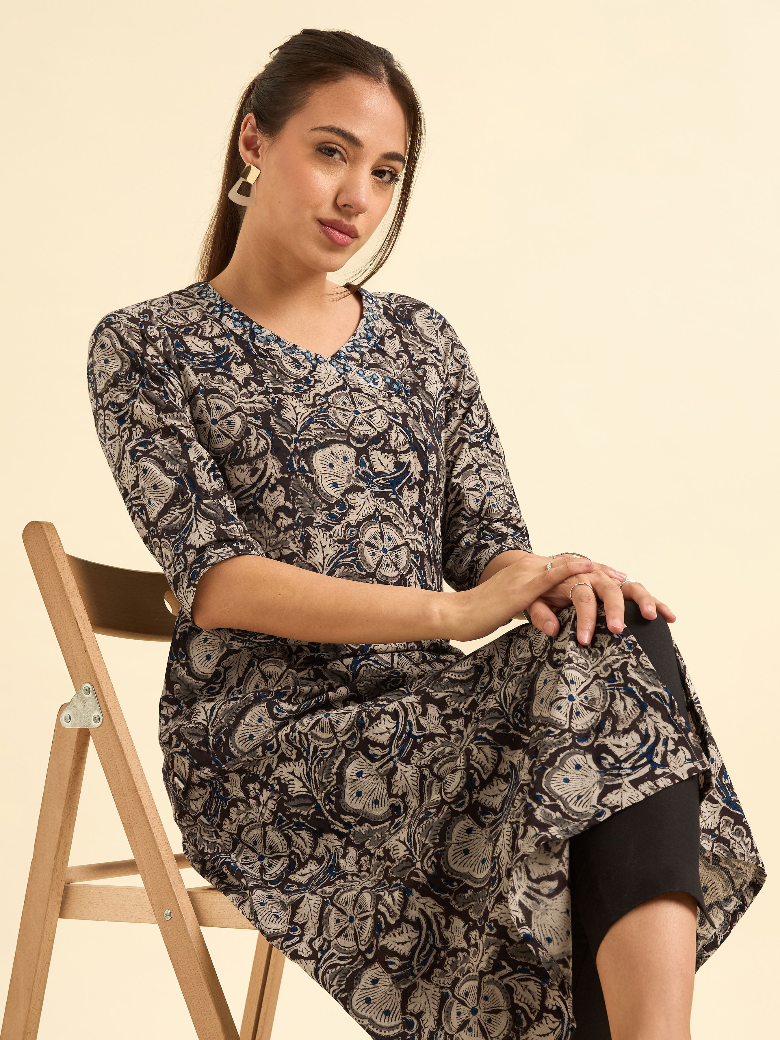 Multi Colour Angrakha Printed Flared Kurti With Mirror Work