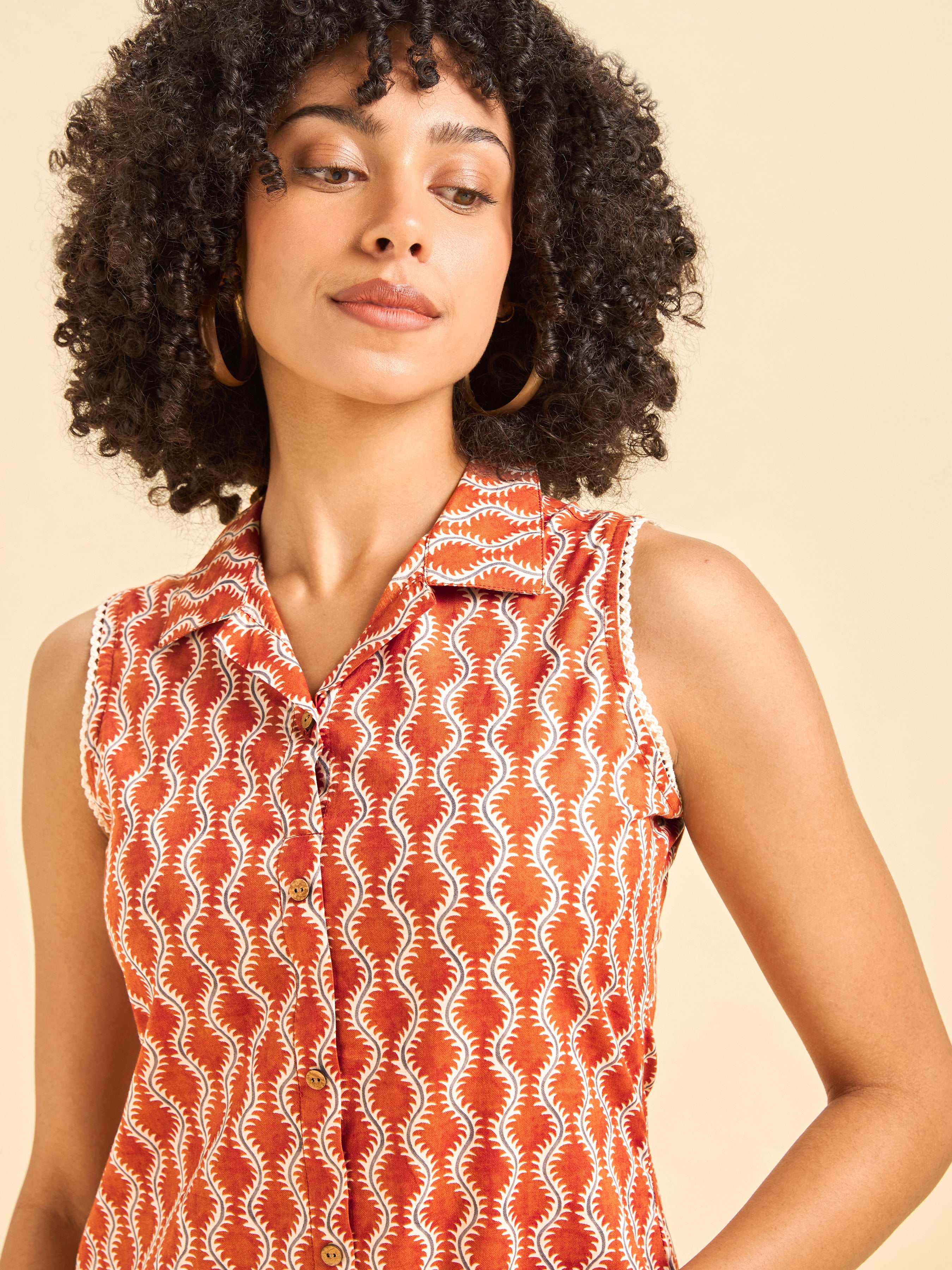 Rust Orange Cotton Printed Co-Ord Set With Lace