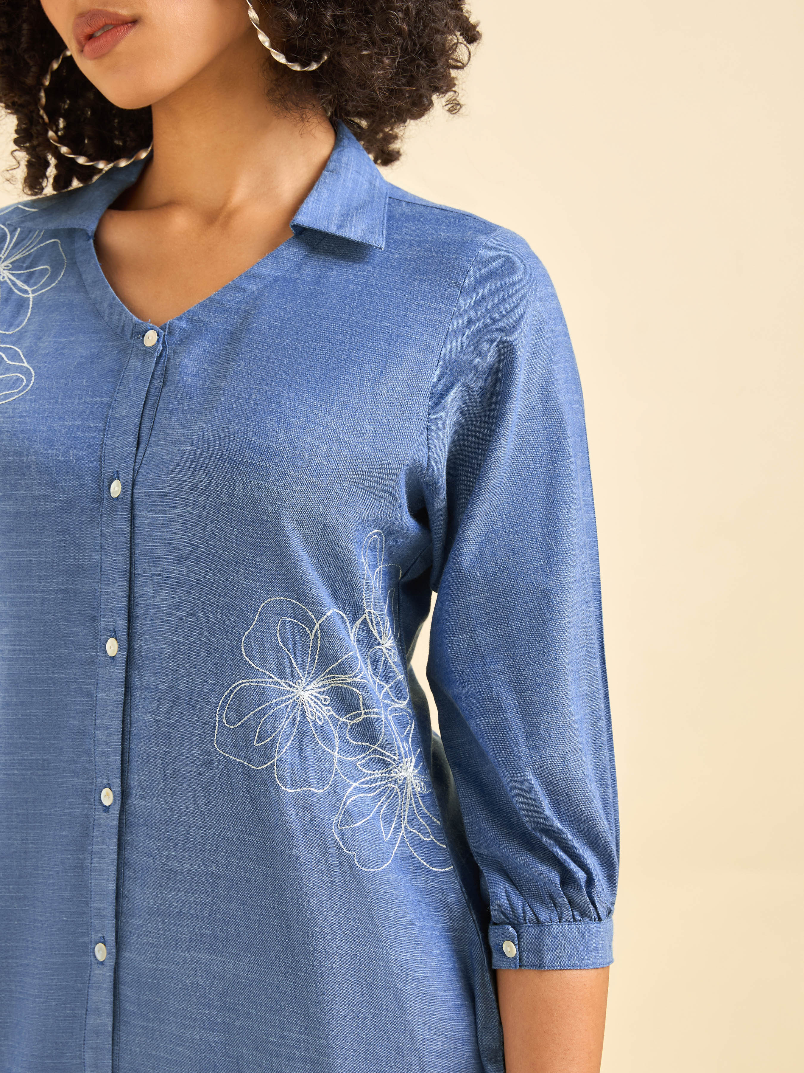 Blue Cotton Viscose Kurti With Embroidery