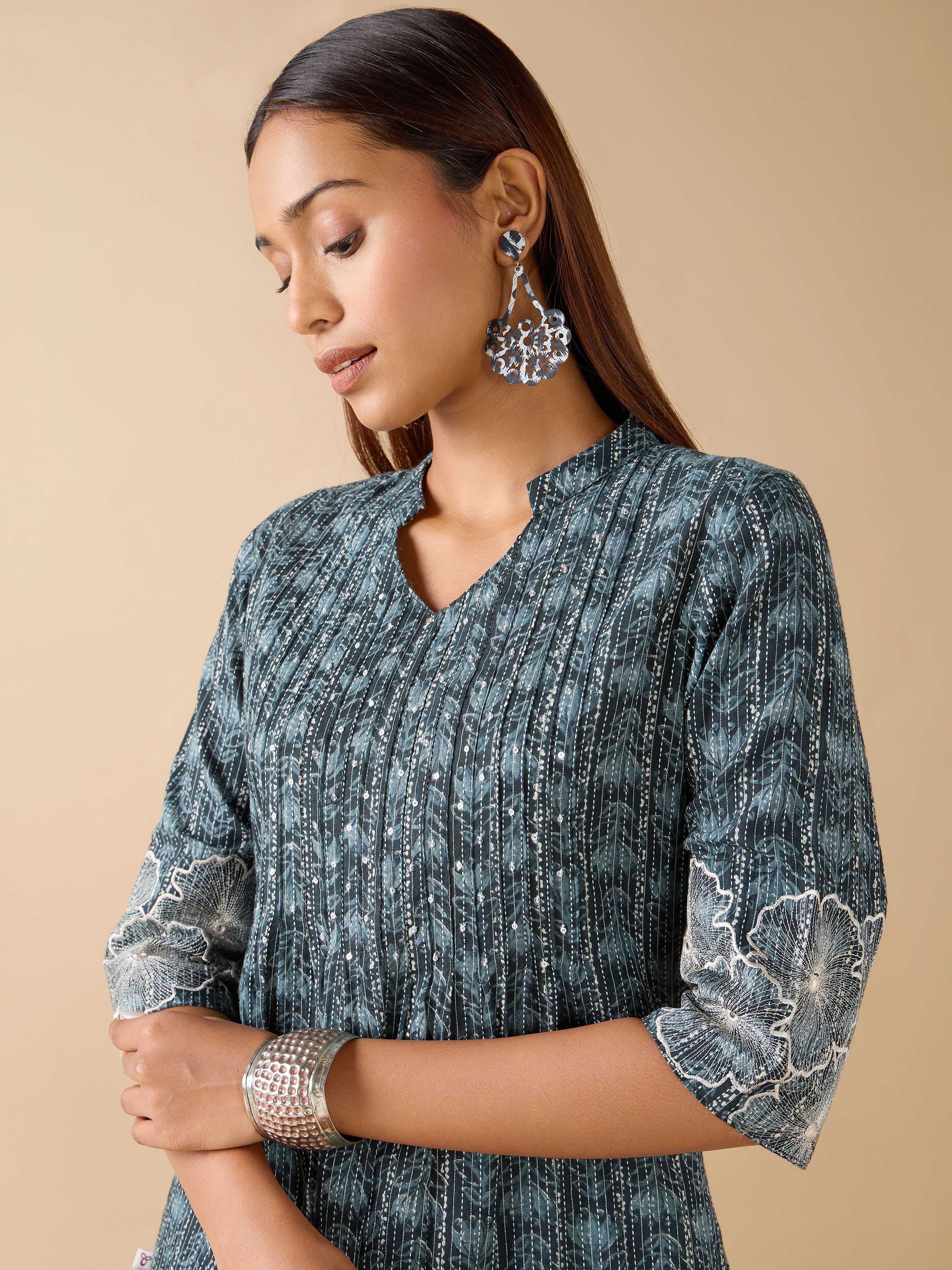 Teal Blue Pure Cotton Printed Kurti With Sequins Work