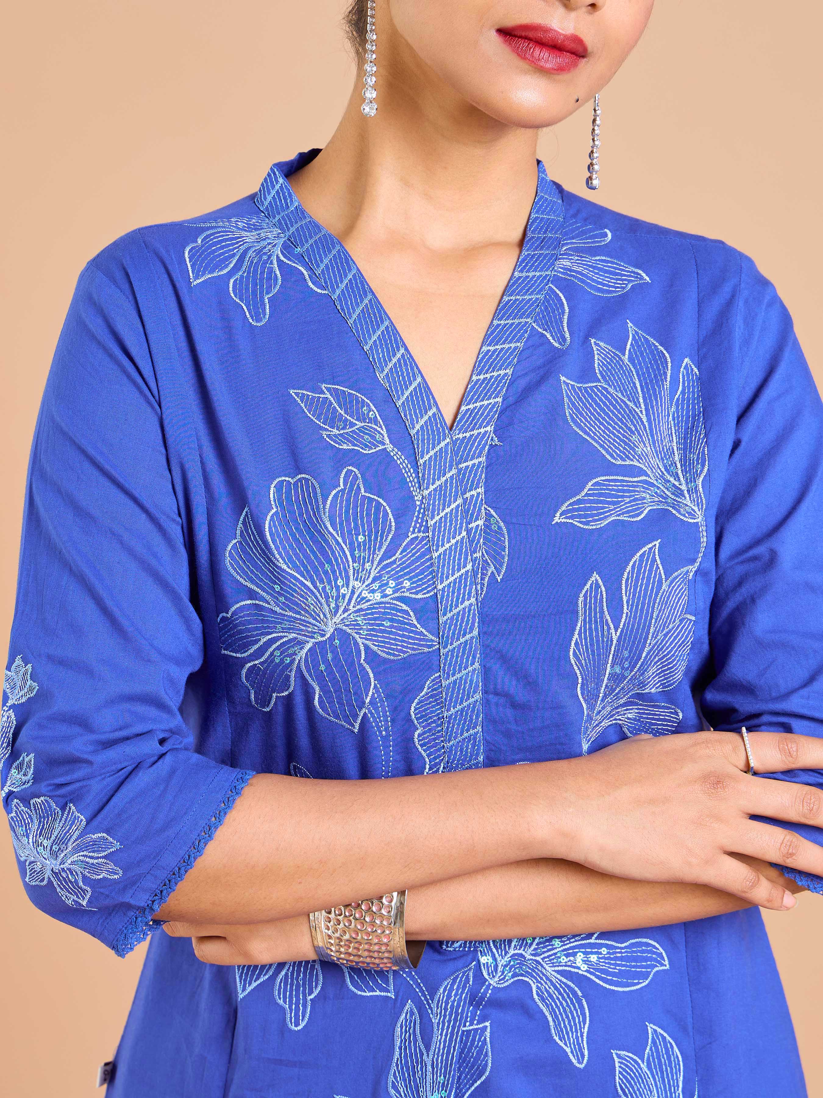 Royal Blue Cotton Flax Kurti With Embroidery