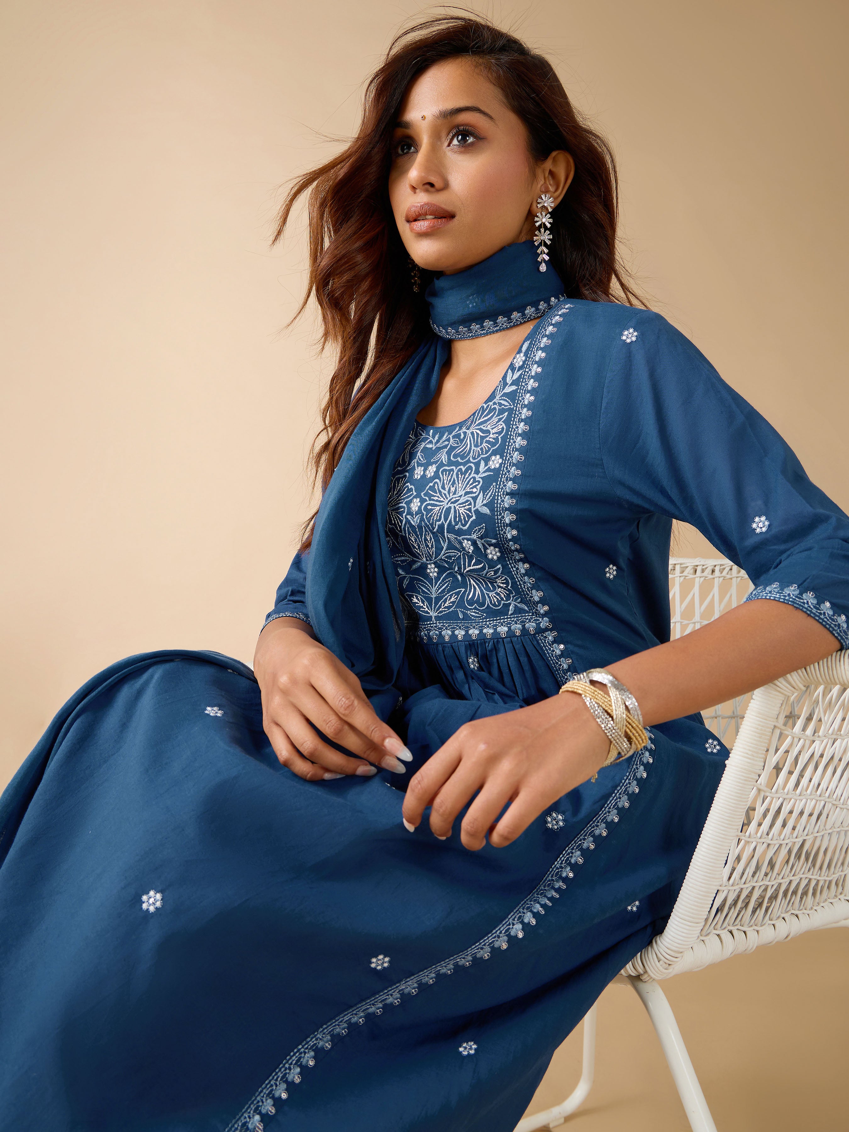 Royal Blue Pure Cotton Kurti Set & Dupatta With Embroidery