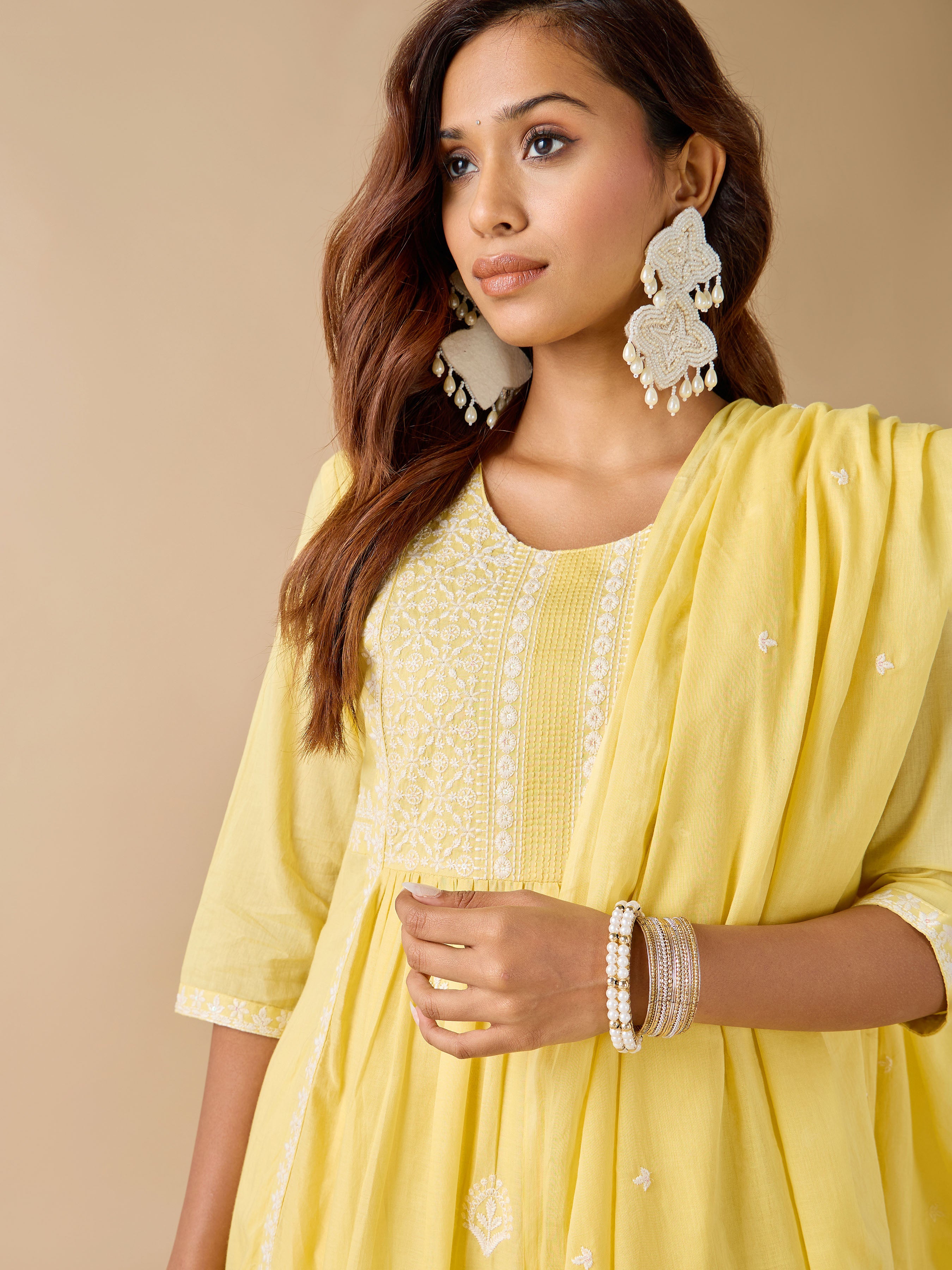 Yellow Pure Cotton Kurti Set & Dupatta With Embroidery