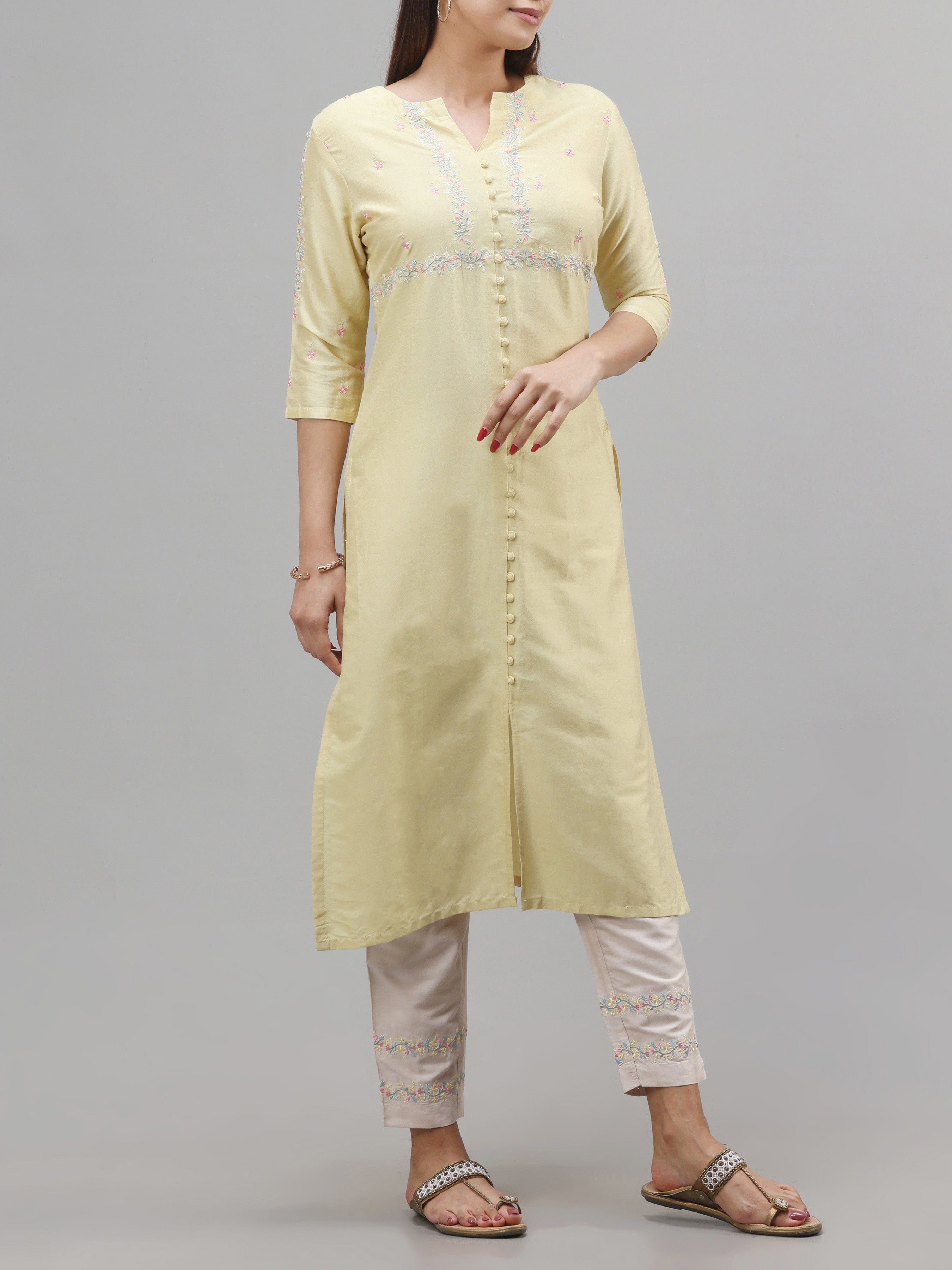 Yellow Poly Viscose Kurti With Embroidery And Matching Bottom