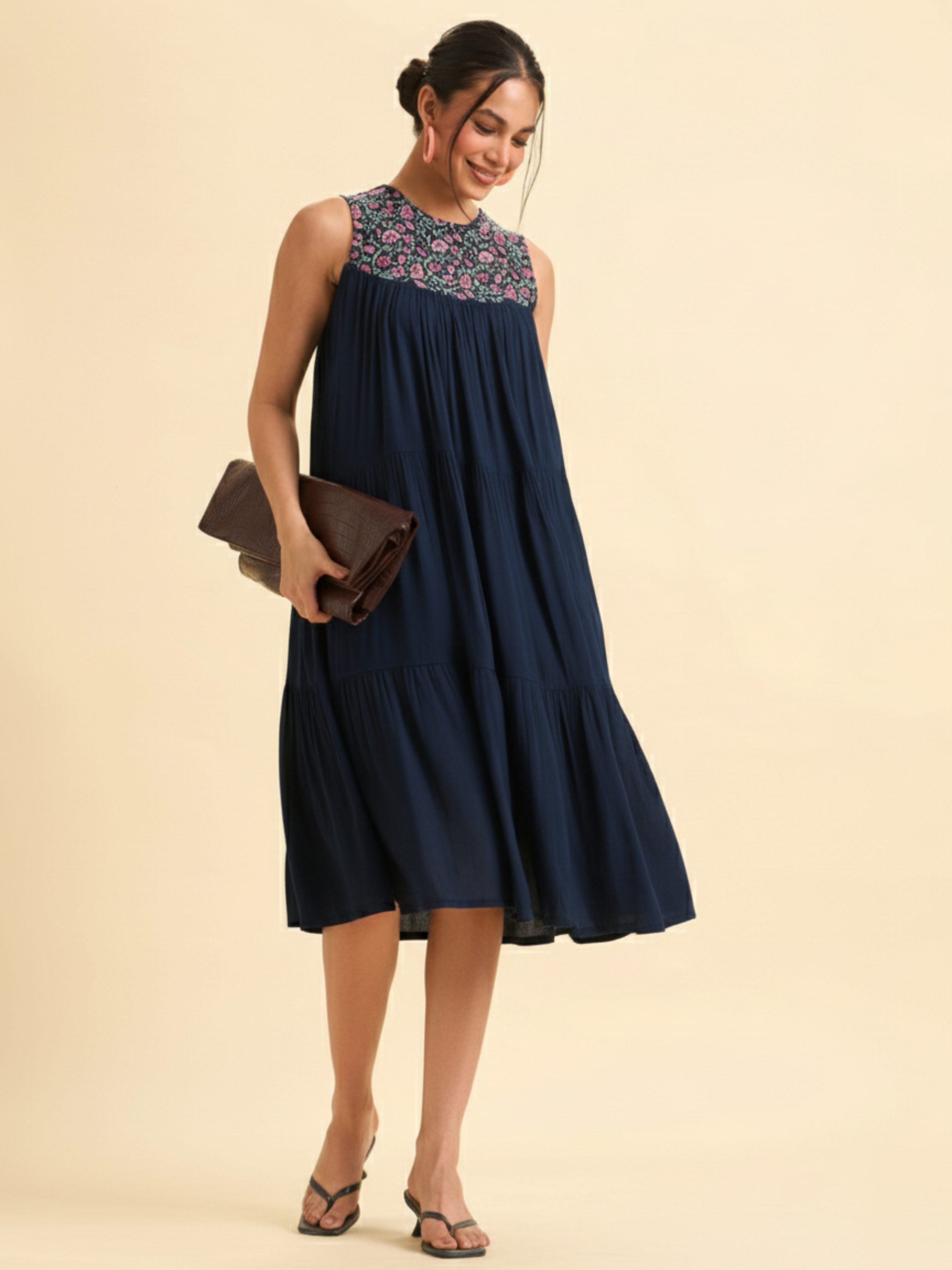 Navy Blue Wrinkle Viscose Plain Flared Tiered Cut Kurti With Sequins Embroidery