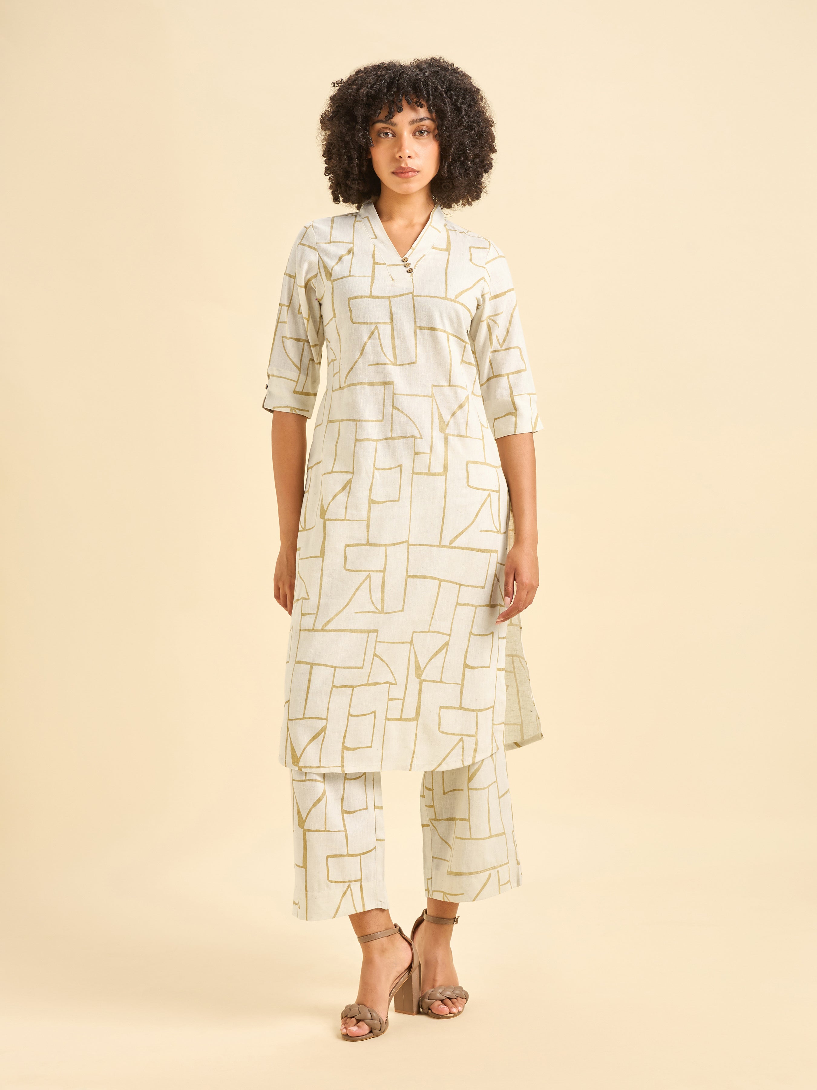 Ivory Cotton Linen Slited Printed Co-Ord Set
