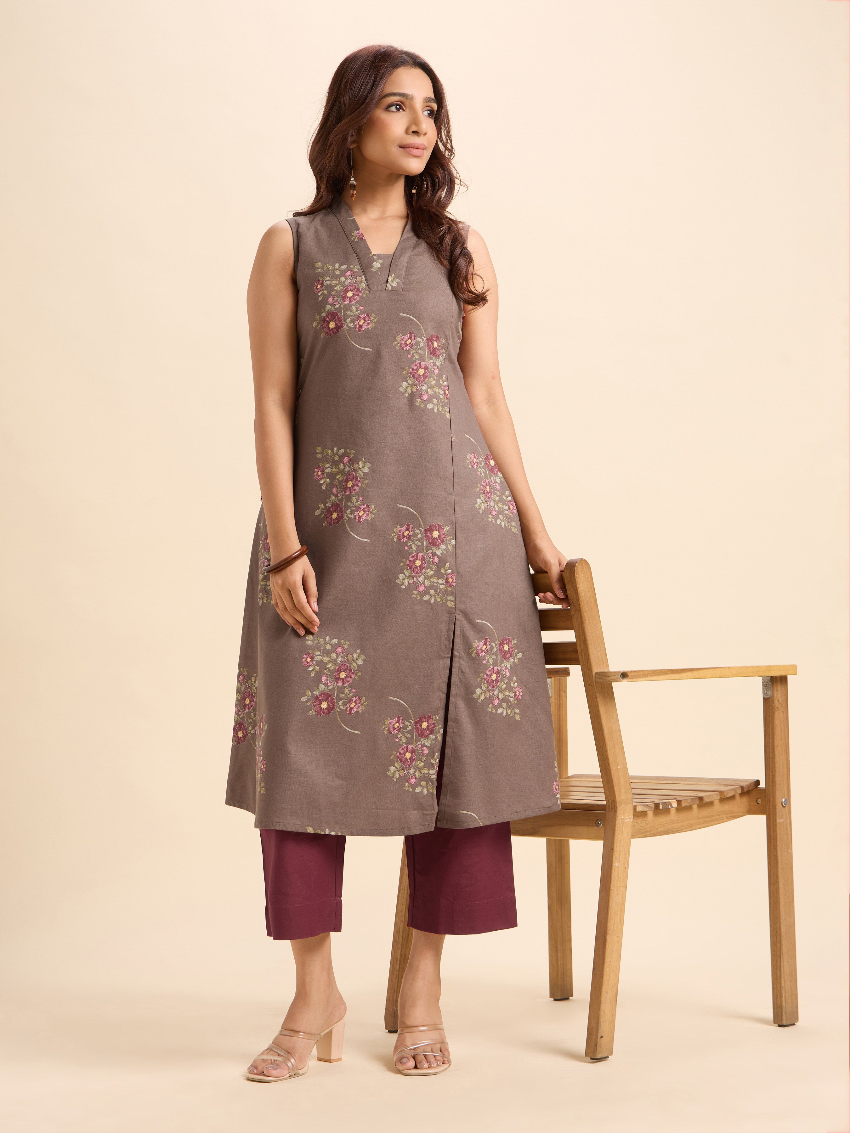 Coffee Brown Multi-Colour Cotton Flax Slub Printed Flared Kurti Set